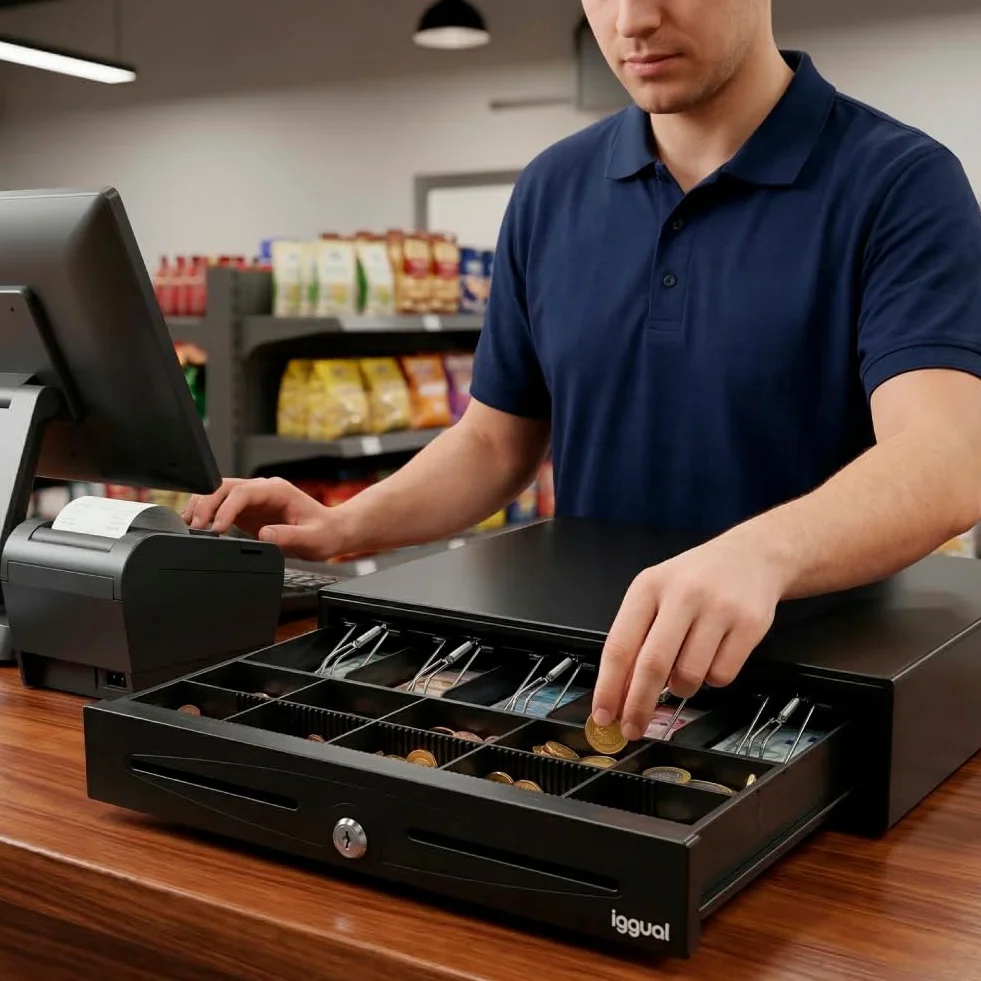 iggual - Cajón Portamonedas IRON-70 -Caja Efectivo Registradora Manual o Automática para 5 Billetes y 8 Moneda -Cerradura 3 Posiciones -Material Acero+Plástico -Uso profesional -Negro (44,5x42,5x 9)