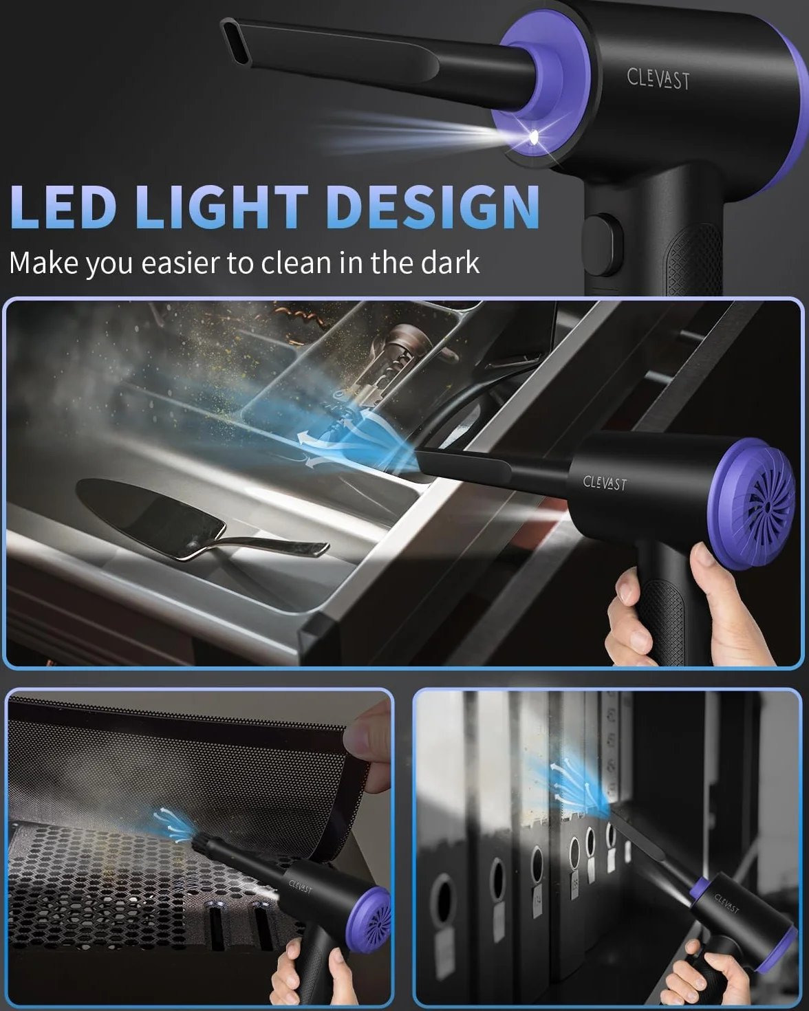 CLEVAST Soplador de Polvo Eléctrico, 3 in 1 Plumero de Aire Comprimido 110000RPM, 3 Velocidades Aire Comprimido Limpieza PC Con LED, Soplador de Aire para Laptop Teclado