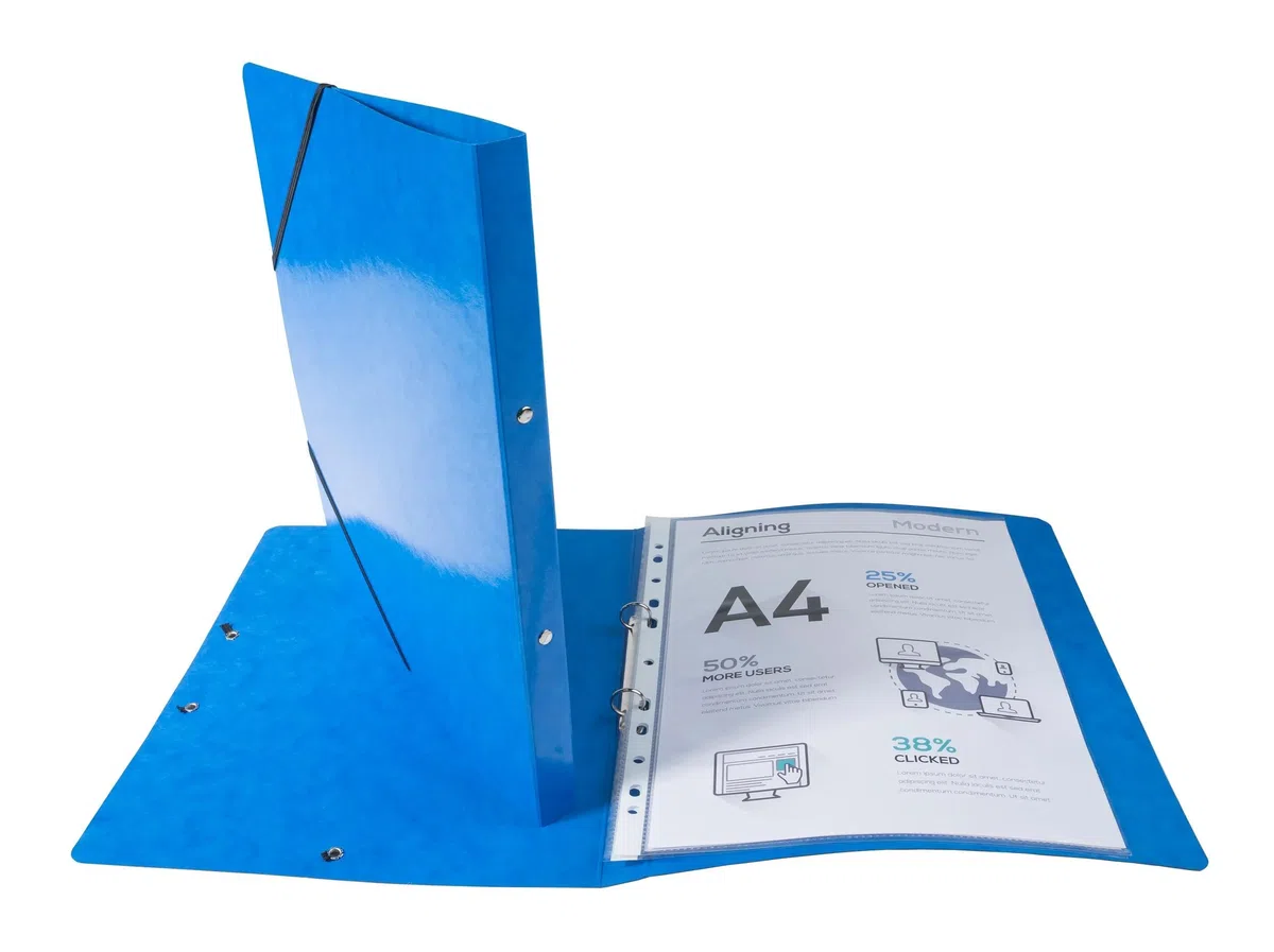 Exacompta - Ref. 54882E - Cartón de 20 archivadores de tarjeta brillante con gomas - 2 anillos redondos de 15 mm - Espalda 20 mm - Dimensiones exteriores: 32 x 25 cm - Tamaño A4 - Azul oscuro