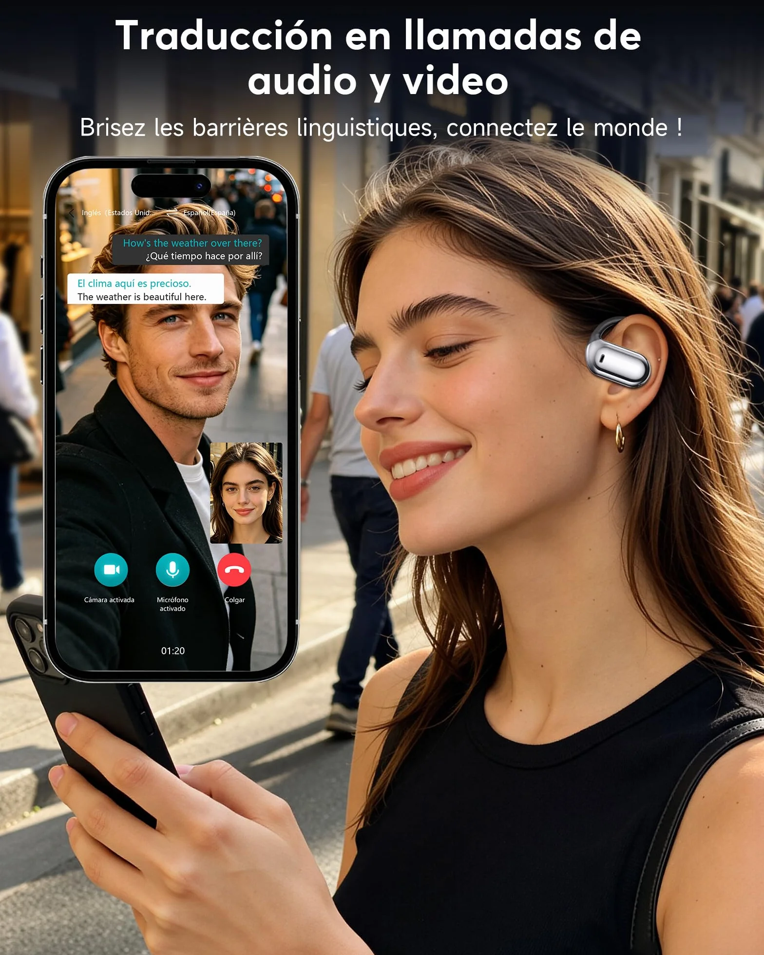 AI Auriculares Traductor en Tiempo Real, 8 Modos Traducción con 198 Idiomas, 3 en 1 Auriculares Traductores de Idiomas, 60H Cascos Oreja Abierta Bluetooth 6.1 para Viajes, Reuniones Negro