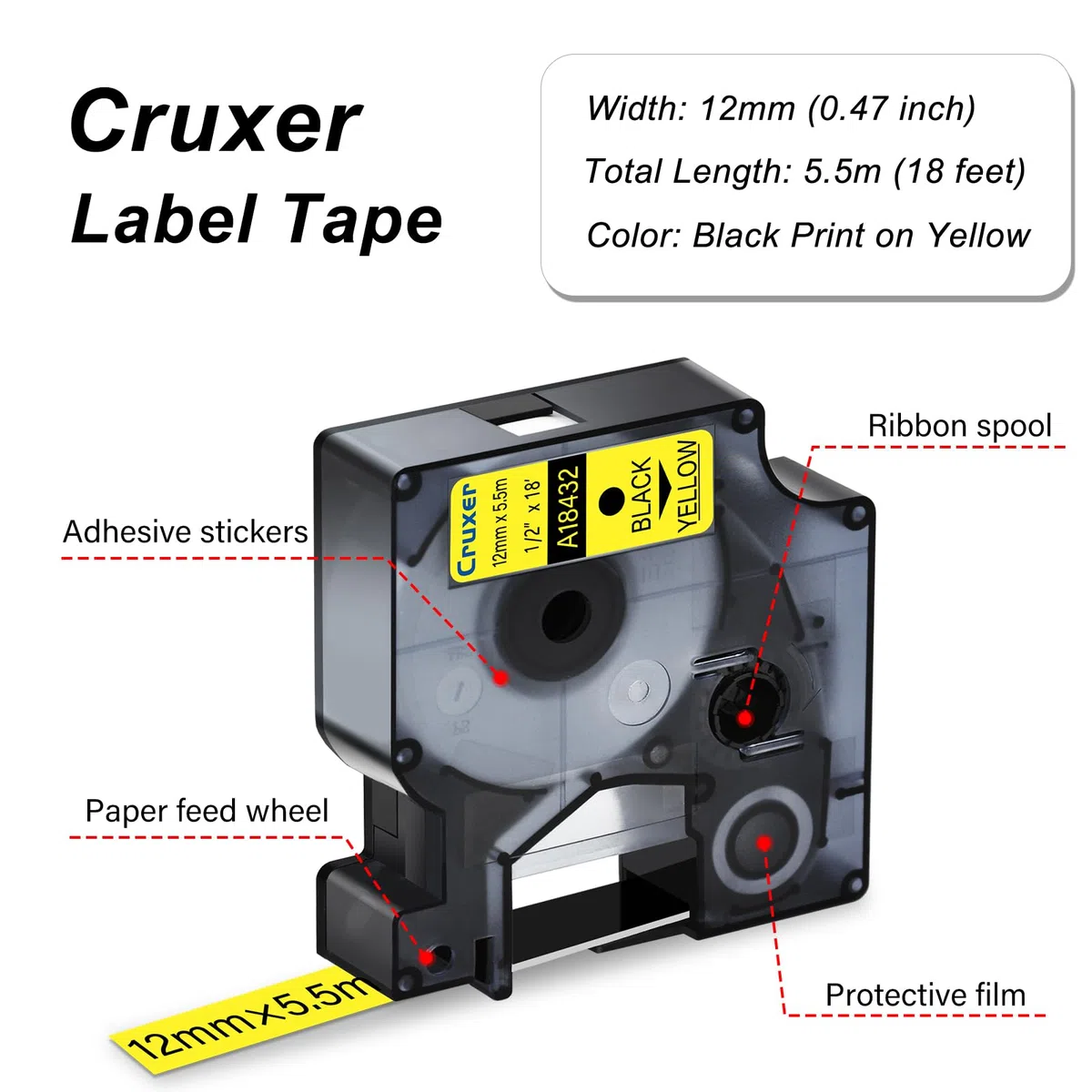 Cruxer Paquete de 40 cintas de etiquetas de vinilo compatibles con Dymo IND 18432 S0718450 A18432, negro sobre amarillo, 12 mm x 5,5 m, repuesto para Dymo Rhino 1000 4200 6000 LabelWriter 450 Duo ILP