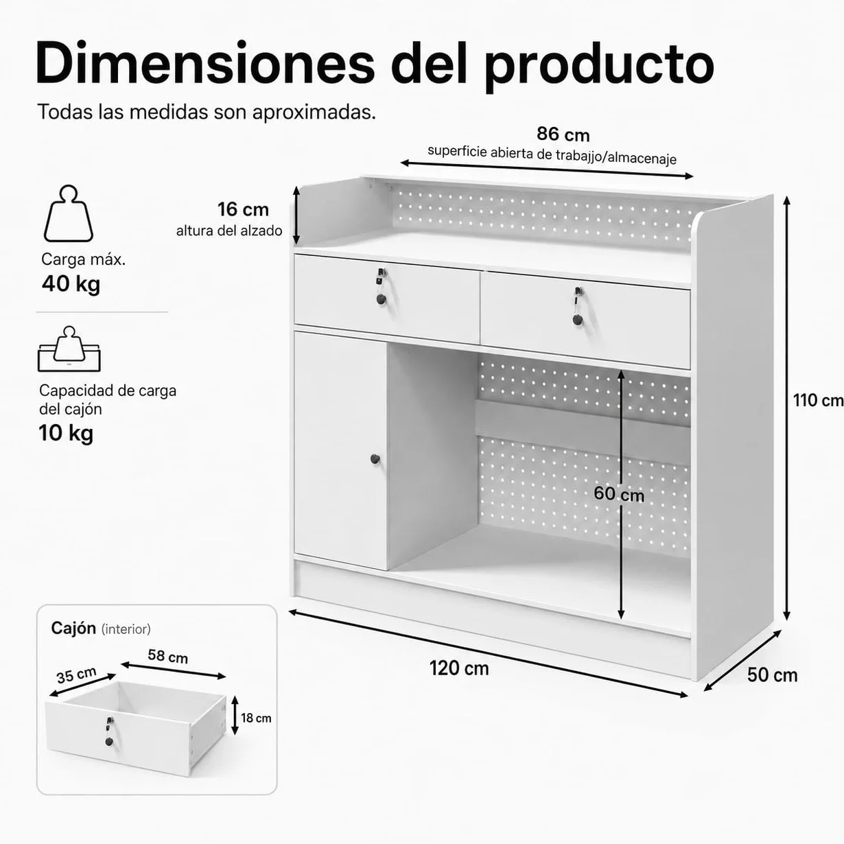 Mostrador de Recepción Blanco 120cm con Panel Perforado, Caja Registradora, 3 Estantes Ajustables, 2 Cajones con Llave, Puerta y Almacenaje, 120×110×50cm