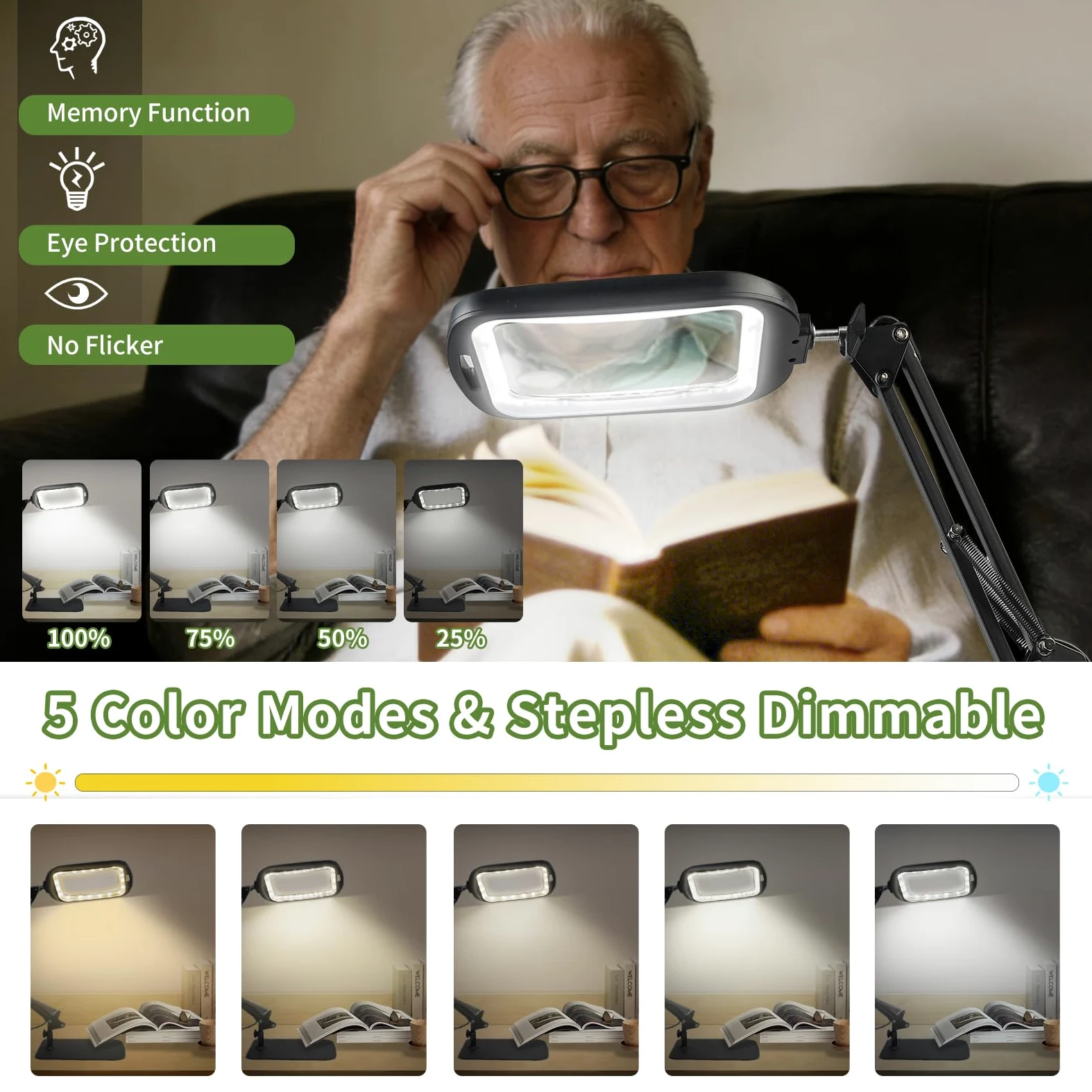 GABORISH 10 x 30 lupa de mesa con luz y soporte, lupa rectangular con 60 LED, 5 modos de color y regulable lupa de pie libre con luz, 2 en 1 lupa con abrazadera y base delantera