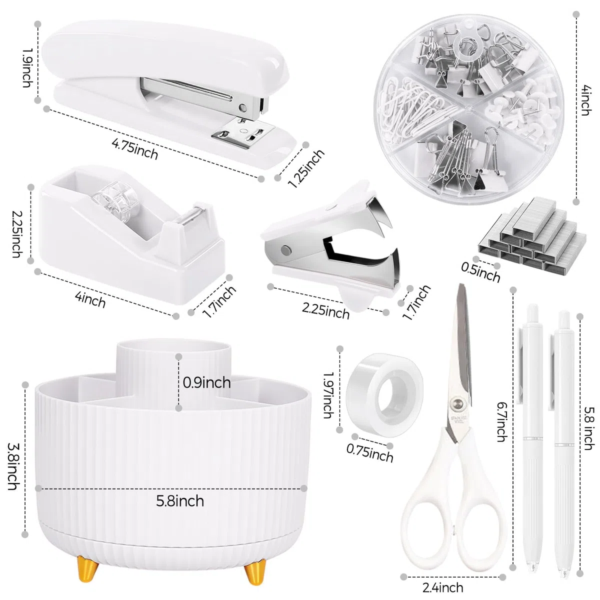 SKYDUE Juego de suministros de oficina blancos, accesorios de escritorio de oficina, 10 piezas, soporte para lápices, grapadora, dispensador de cinta, tijeras, regla, carpeta/clips de papel y 1000