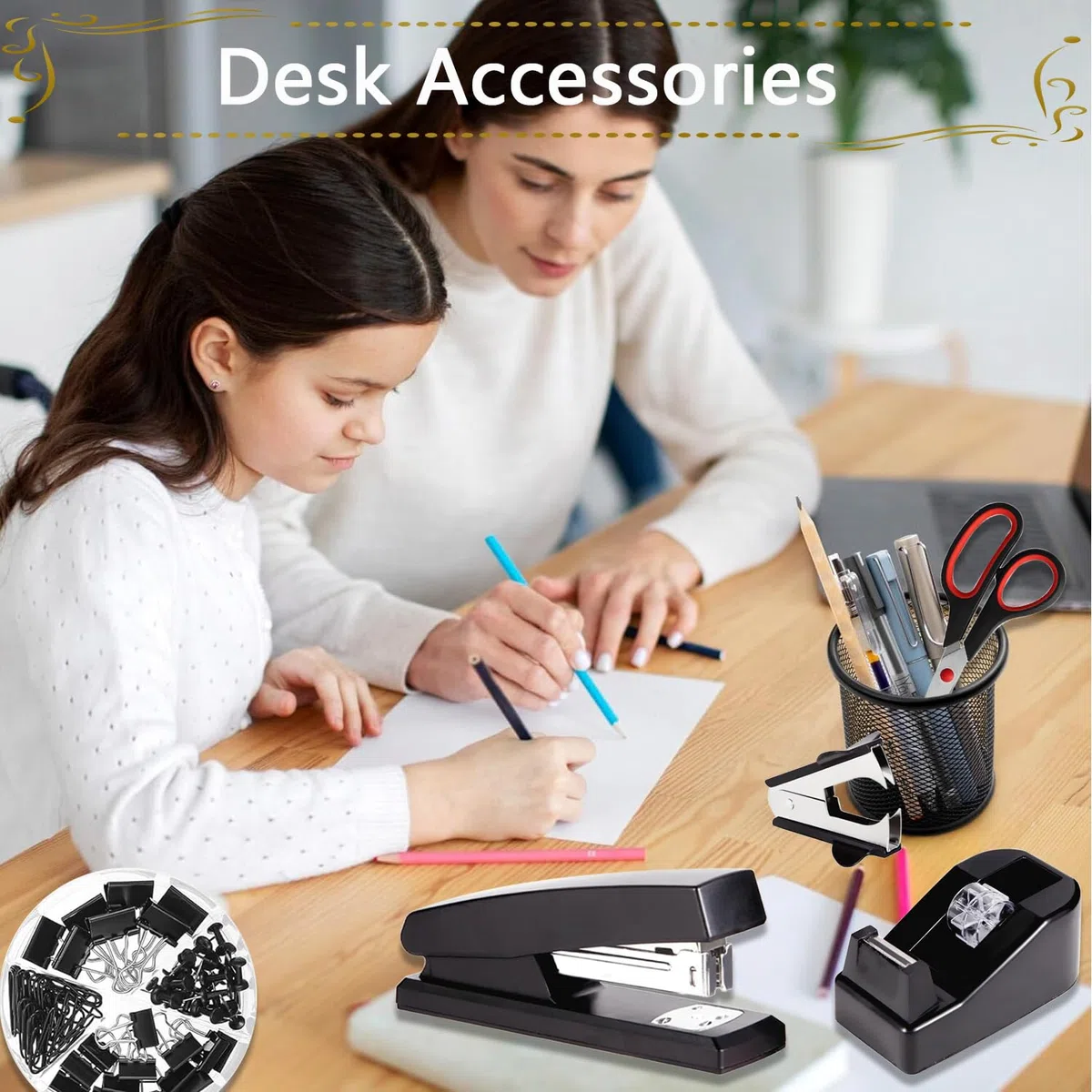 Suministros de oficina, accesorios de escritorio, grapadora y dispensador de cinta para mujeres con grapadora, dispensador de cinta, removedor de grapas, grapas, clips, tijeras y pestañas, regalo para