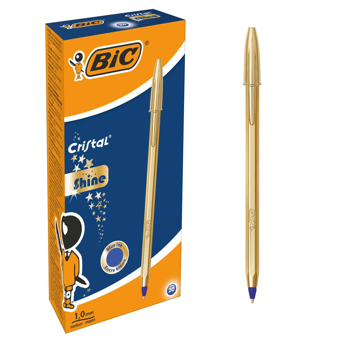 BIC Cristal Shine Bolígrafos Punta Media (1,0 mm) - Tinta Azul y Cuerpo Dorado, Caja de 20 Unidades, ideal para uso diario