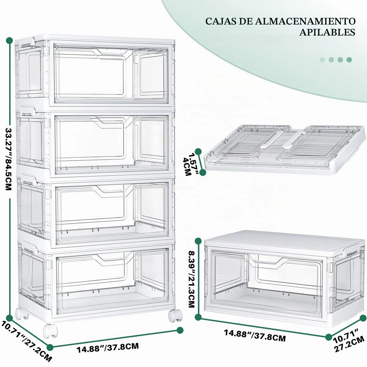 Cajas de almacenamiento con tapa – Cajas apilables de plástico de 4 niveles, 23 L, transparentes, grandes contenedores organizadores para dormitorio, salón, baño, 4 capas y 1 tapa
