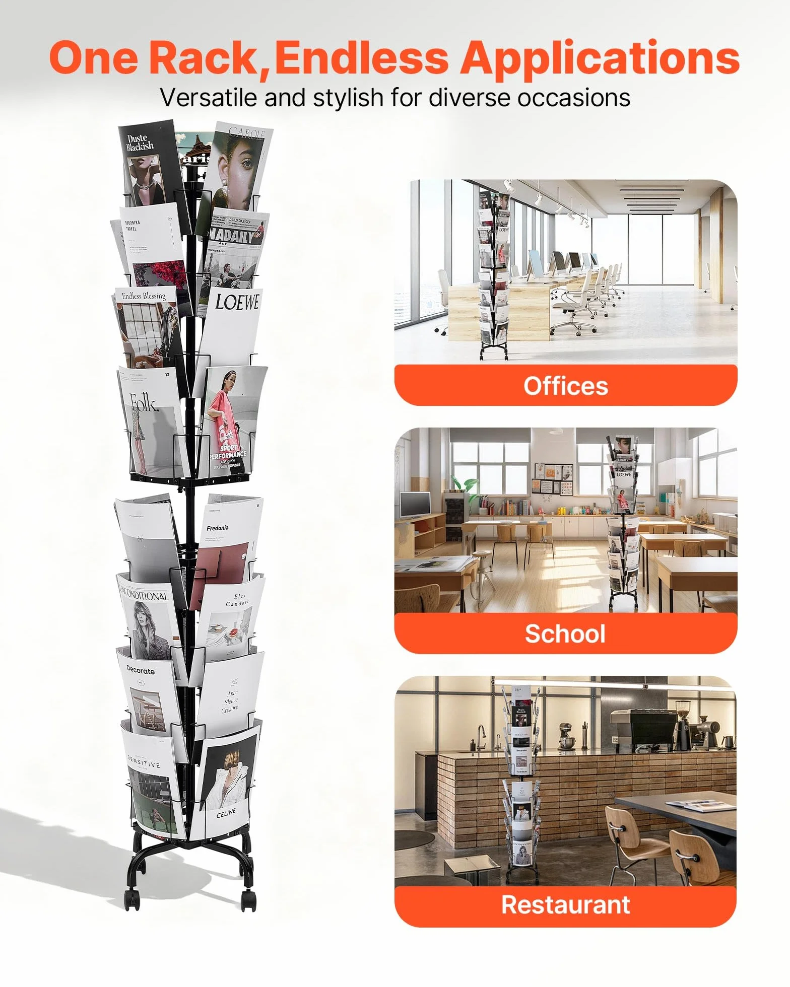 VEVOR Expositor de Revistas con 32 Compartimentos, Soporte Giratorio para Postales con 4 Ruedas, Revistero Metálico para Periódicos, Literatura, para Tiendas, Exposiciones, Oficinas, Bibliotecas