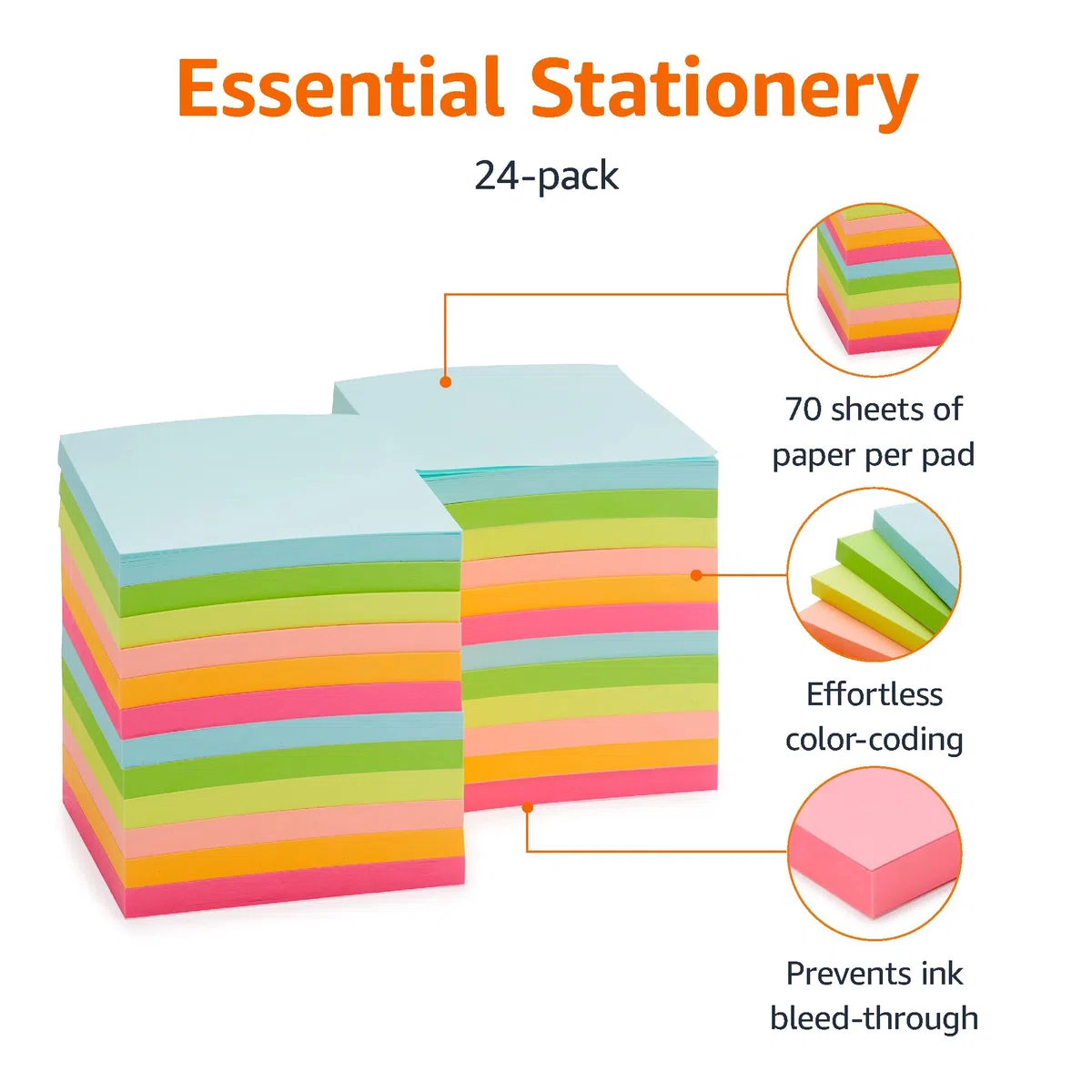 Amazon Basics Notas Adhesivas de Tamaño Estándar, 48 Blocs, Blocs de Notas Autoadhesivas, Colores Surtidos, 7,6cm x 7,6cm