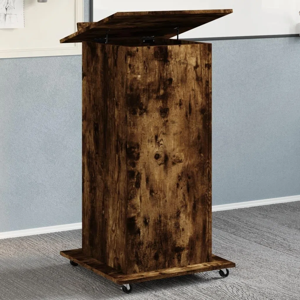 Atril con ruedas y cajón, madera de roble ahumado, 55 x 55 x 107 cm, placa superior inclinable, 2 compartimentos, ruedas con bloqueo, para oficina, estudio, presentaciones