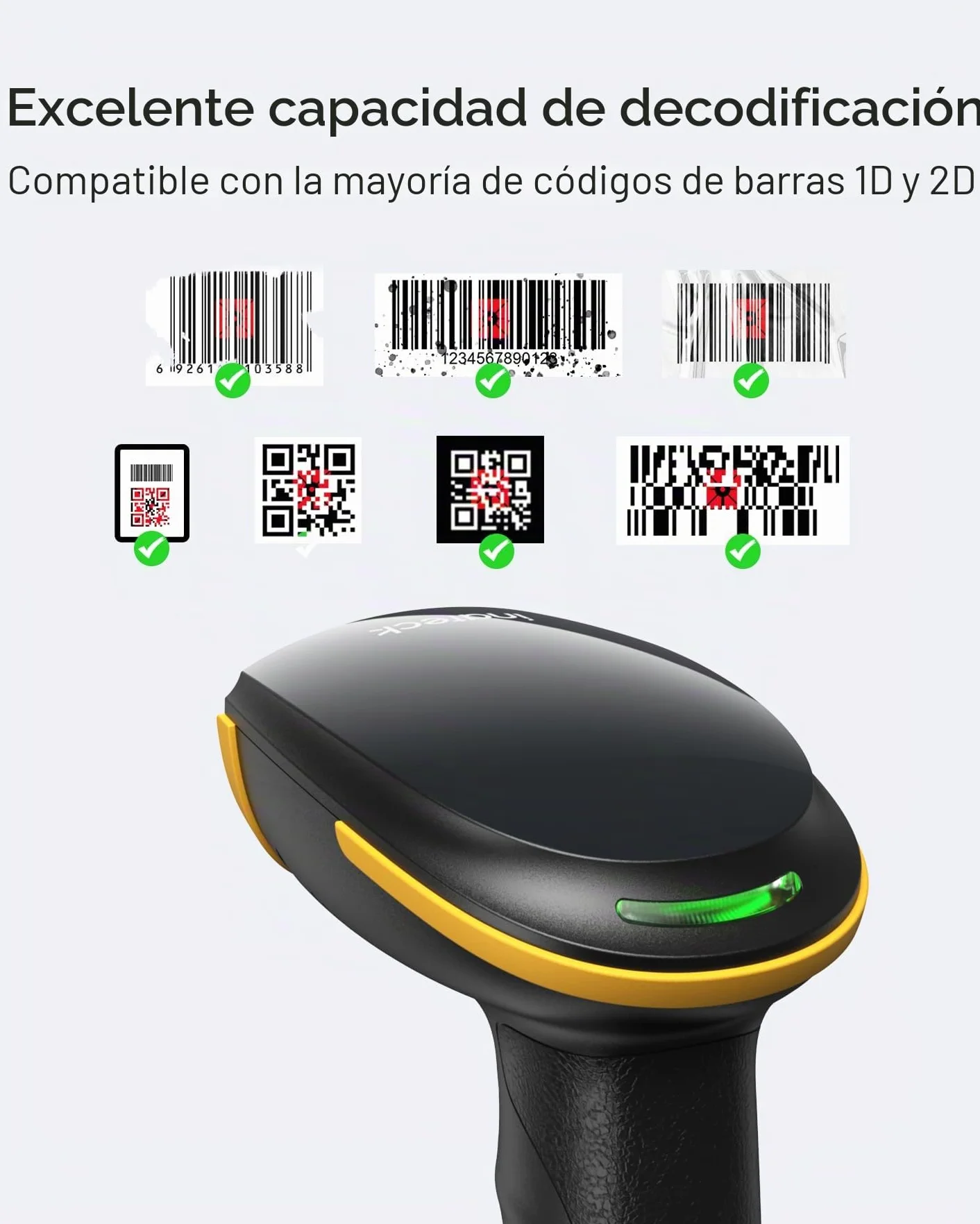 Inateck Escáner de Código de Barras 2D con Soporte Inteligente, Lector Codigo Barras Inalambrico, Barcode Scanner con App y SDK, Imager 2D con Batería de 2600mAh, BCST-35
