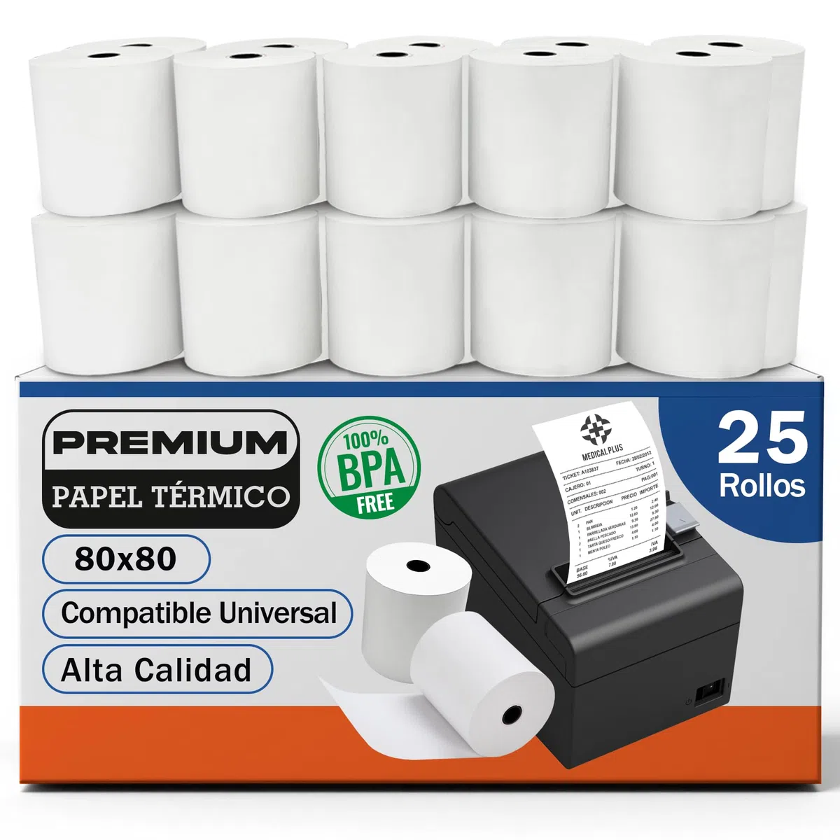 25 Rollos de Papel Térmico Premium 80x80 mm XXL Cia&Co, Alto Gramaje Blanco, BPA Free, Mandril 15 mm, Línea Roja, Compatible TPV POS ePOS, QRs y Códigos de Barras Legibles para VeriFactu y TicketBai