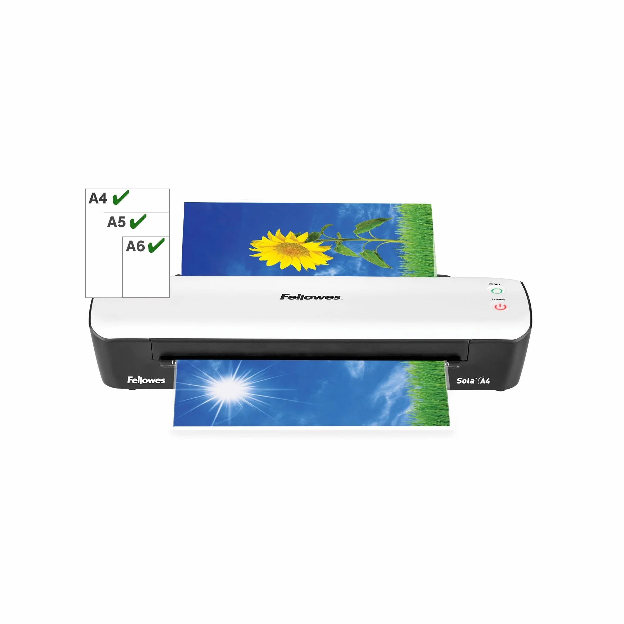 Fellowes Sola A4 - Plastificadora de documentos, para uso ocasional, lista para usar en 4 minutos, plastificadora A4 con apagado automático, 80-125 micras, color blanco, exclusiva de Amazon