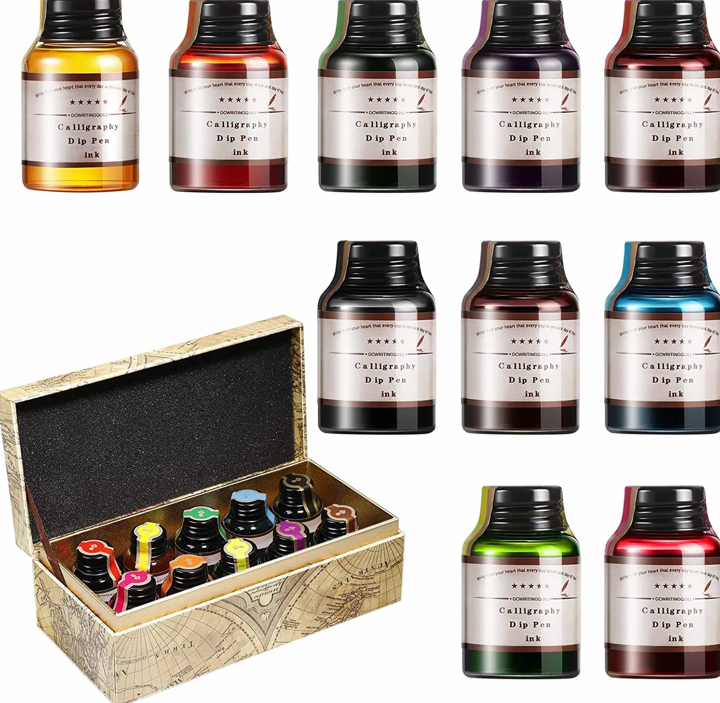 GC Tinta de caligrafía - Juego de 10 botellas de tinta de 20 ml de colores - Recarga de tinta sin carbón para pluma estilográfica - para llevar un diario, escribir y dibujar GC-710