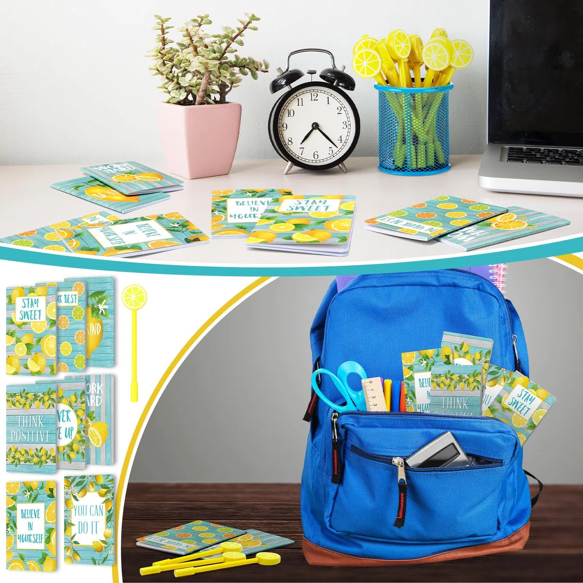 MotiMind Juego de 16 mini cuadernos de bolsillo de limón con bolígrafo en forma de limón, planificador de diario a granel para regreso a clases, fiesta de graduación, suministros escolares, oficina,