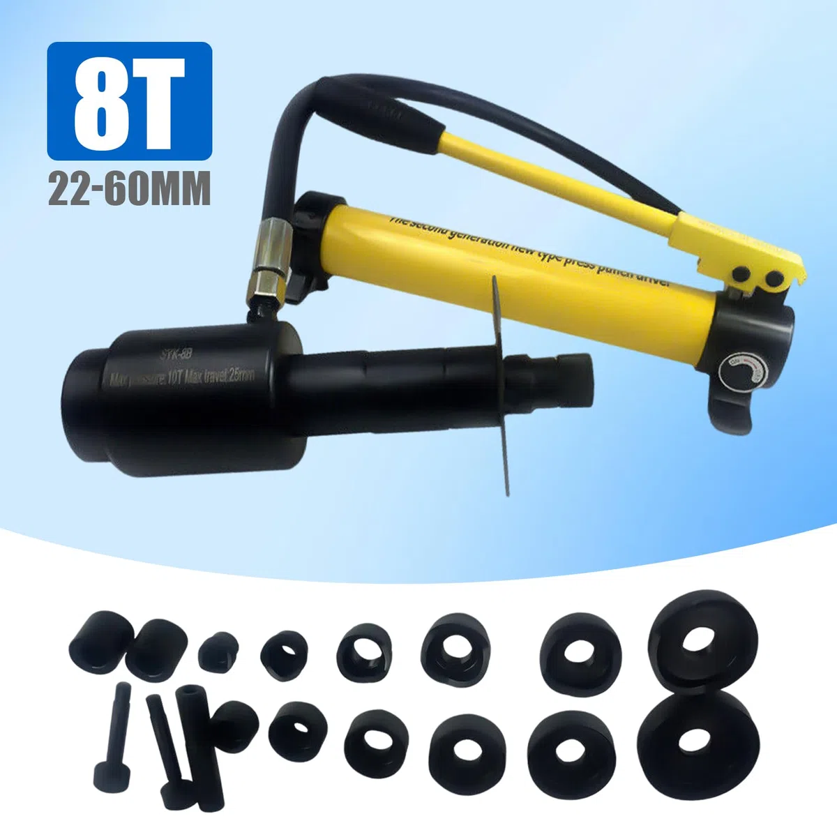 8T Juego de sellos hidráulicos de impacto, perforadora de chapa, perforadora hidráulica manual, 22-60 mm, bomba hidráulica, adecuado para muchos materiales como aluminio, acero y plástico