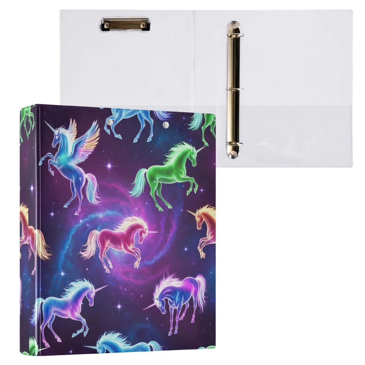 Unicorns - Carpeta de 3 anillos morados, carpeta de anillos en D, paquete de 2 | Con portapapeles y bolsillos, para escuela, universidad, oficina