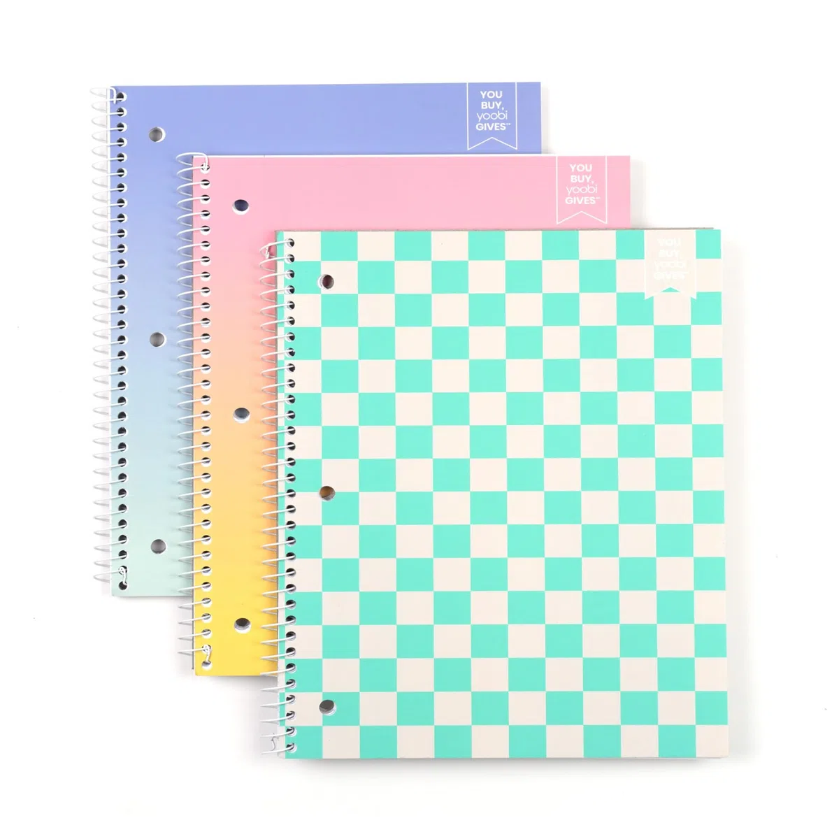 Yoobi Juego de cuadernos en espiral de rayas anchas, paquete de 3 cuadernos de 1 materia, diseños rosa brillante, azul y verde, 150 hojas perforadas de 3 agujeros cada una, para la escuela, la oficina