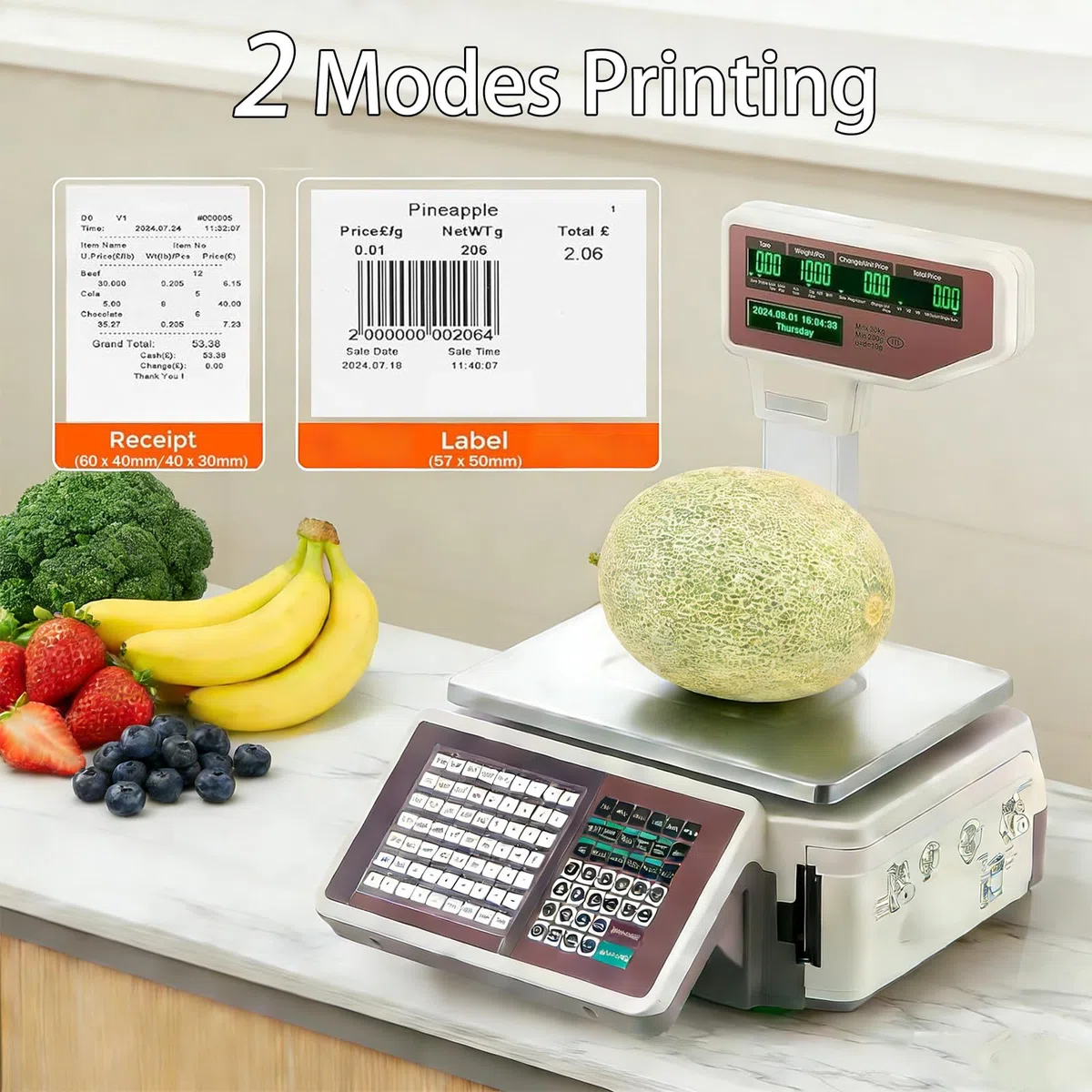 Báscula Comercial con Ticket, Báscula Digital de Alta Precisión 10g, Pantalla Doble Cara, 63 Teclas, para Supermercados y Comercios