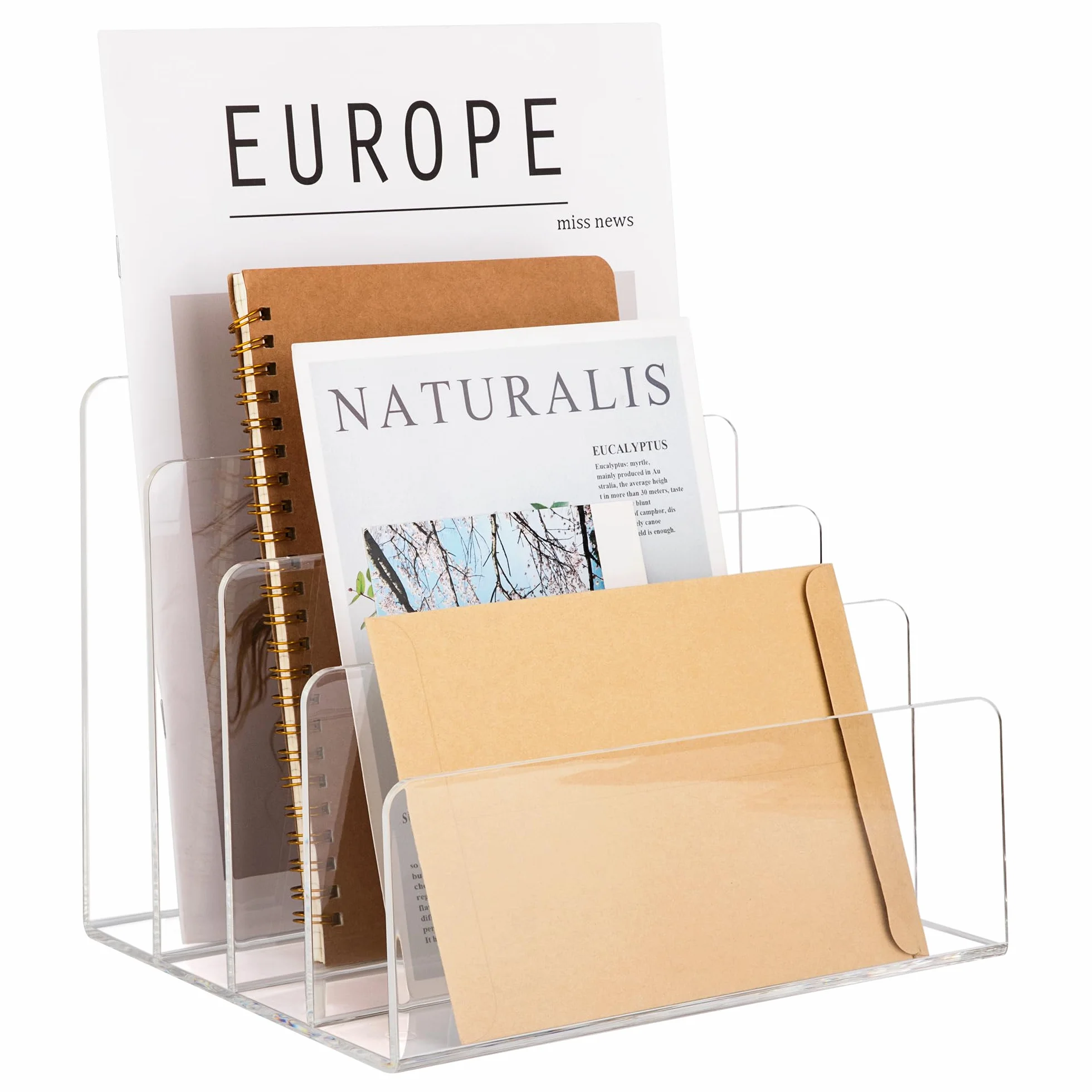 Organizador de Archivos Acrílico Transparente, Clasificador de Correo de Escritorio 4 Ranuras Sujetalibros Portadocumentos Vertical Estante para Carpetas, Papeles y Libro