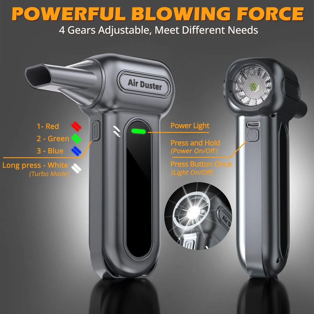 Herramientas de limpieza de plumero de aire eléctrico, 150000 rpm, plumero de aire inalámbrico súper potente, motor recargable sin escobillas, soplador duradero, soplador de polvo ajustable de 3
