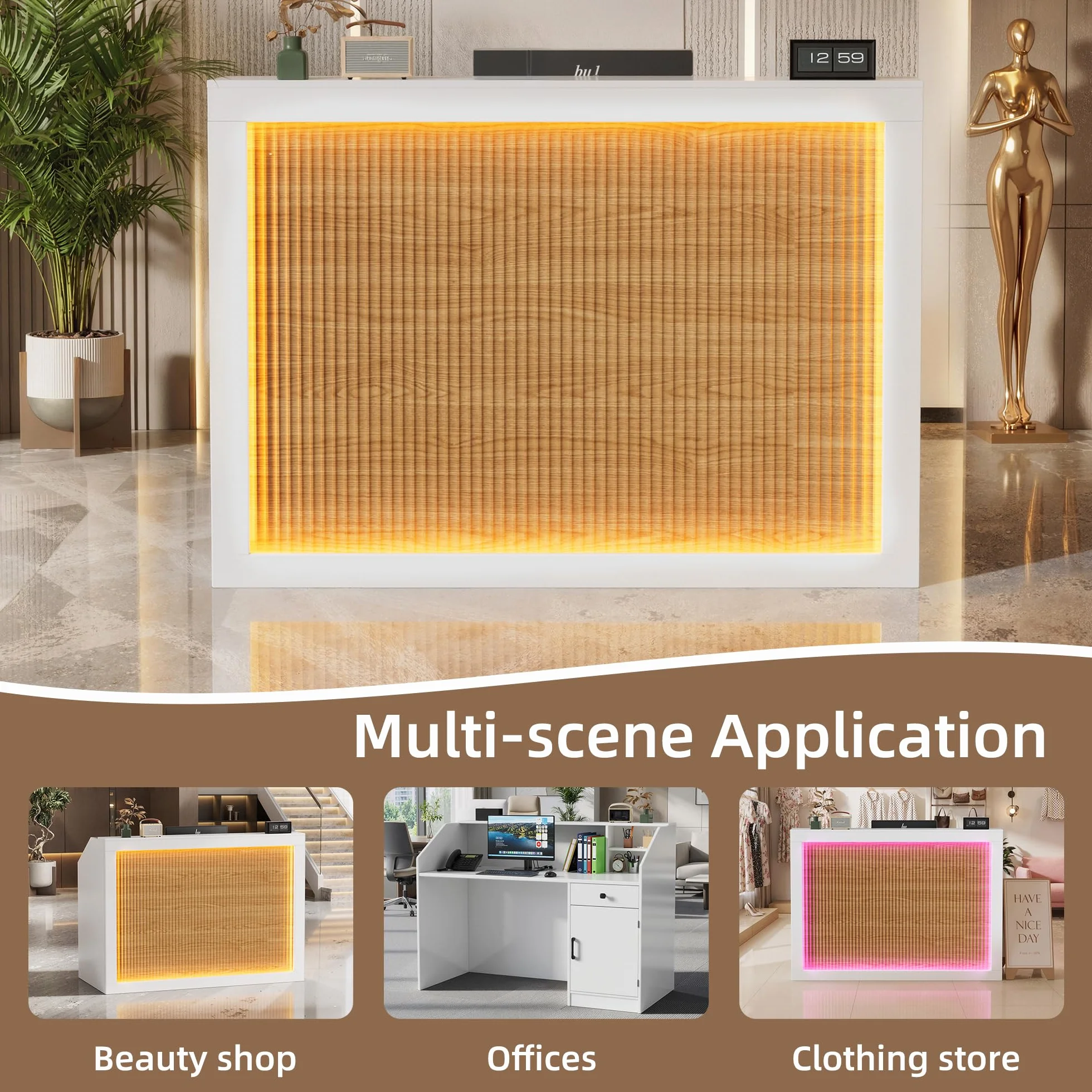 MSFE Mostrador Recepcion con LED,Mostrador de Recepción Grandes con Cajón Armario y Tomas de Corriente,Mostrador de Venta para Caja,Vestíbulo,Salón de Belleza,Oficina,Mueble de Recepción,140*60*110CM