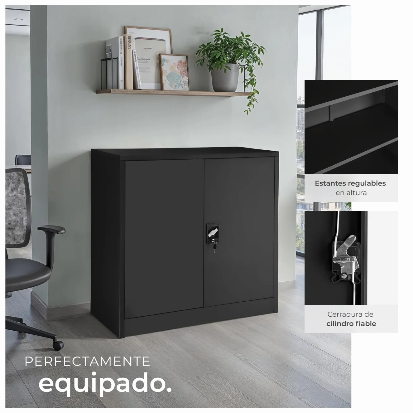 Tectake Armario Metálico con 3 Cajones Bloqueable, Estantes Ajustables, 90x90x40cm Negro