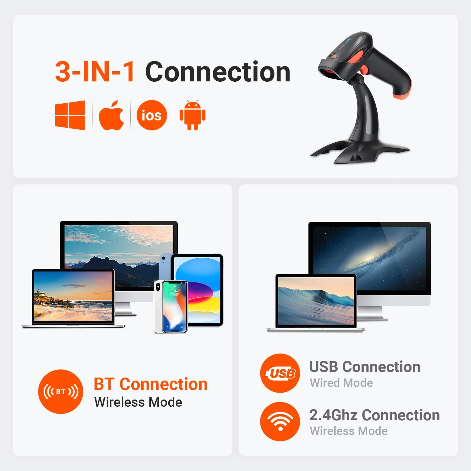 Tera Pro Escáner de Código de Barras Inalámbrico Lector de Código Barras Omnidireccional Bluetooth USB 1D 2D QR Digital Compacto, HW0002 Naranja