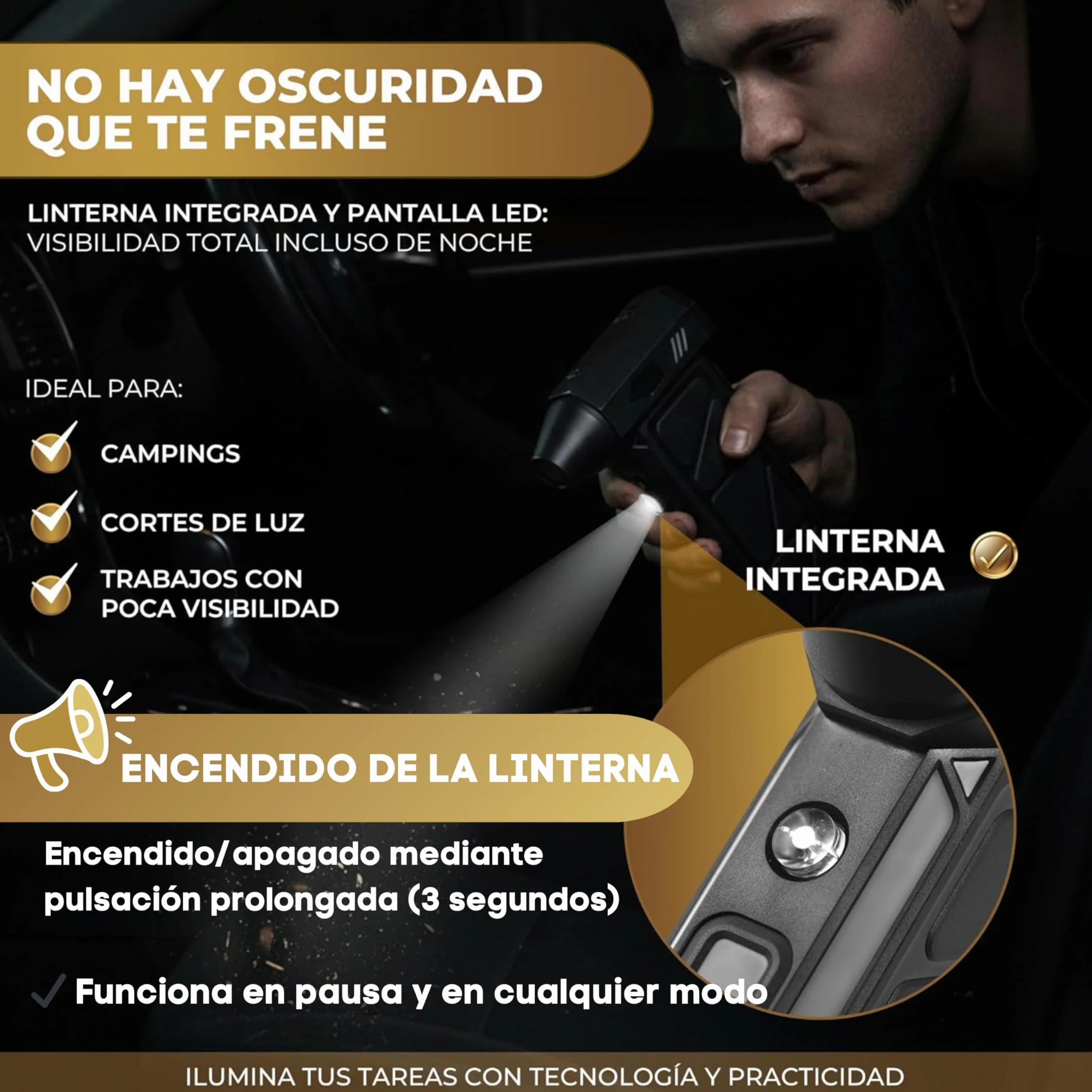 Soplador de Aire Eléctrico 2 en 1, 130000 RPM, 4000 mAh, con Luz LED para Limpieza de PC y Coche