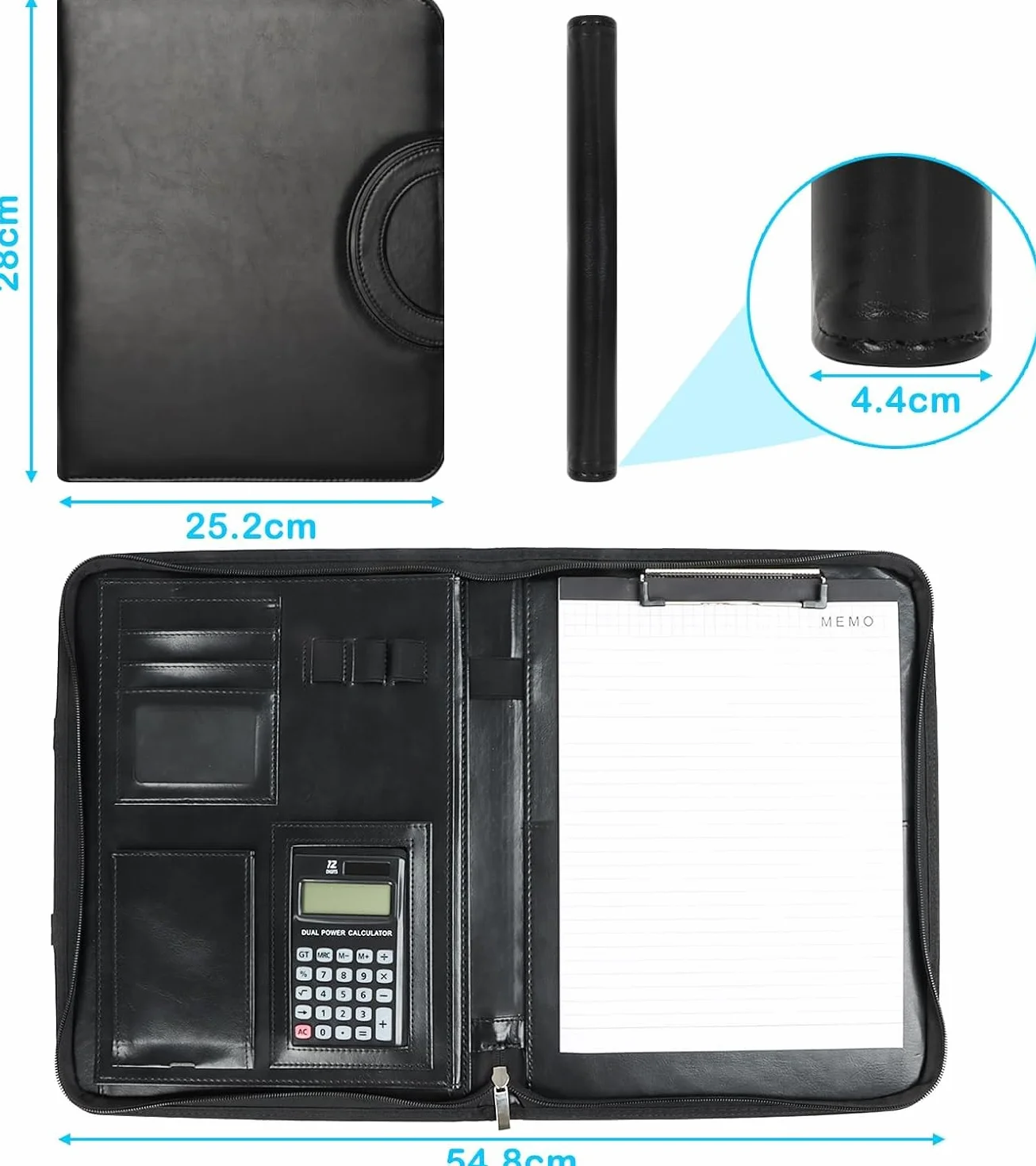 Cinnani Porta Documentos Grande con Calculadora, Portadocumentos A4 Carpeta Profesional, Asas Magnéticas Plegables, Portafolio Carteras de Viaje Cuero para Tarjetas/Plumas/Tableta y Smartphone, Negro