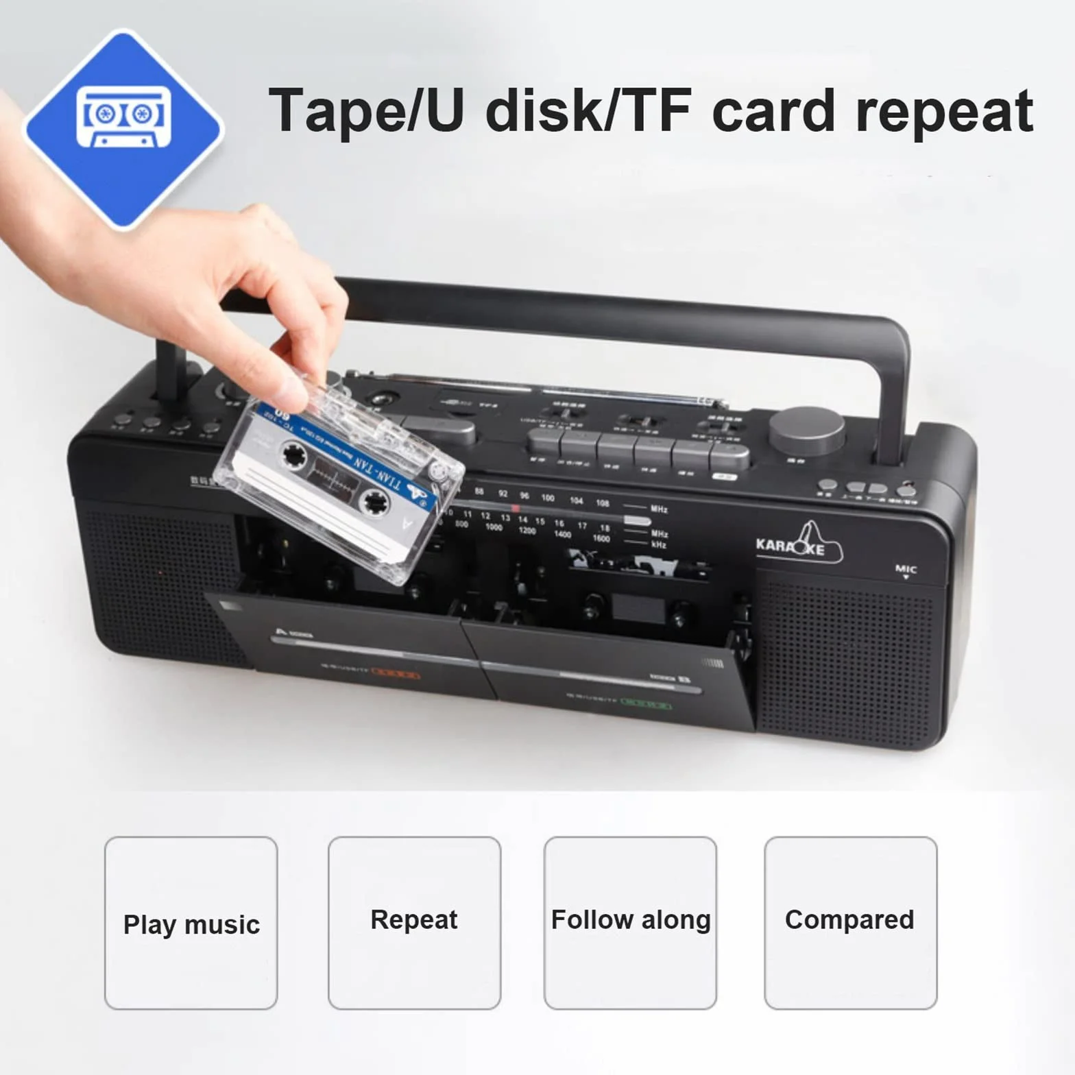Reproductor de Cinta Doble - Grabadora de Cassette - Radio FM/SW/WM - Disco MP3/U, reproducción de Tarjeta TF - Grabación/transcripción con un Solo Clic