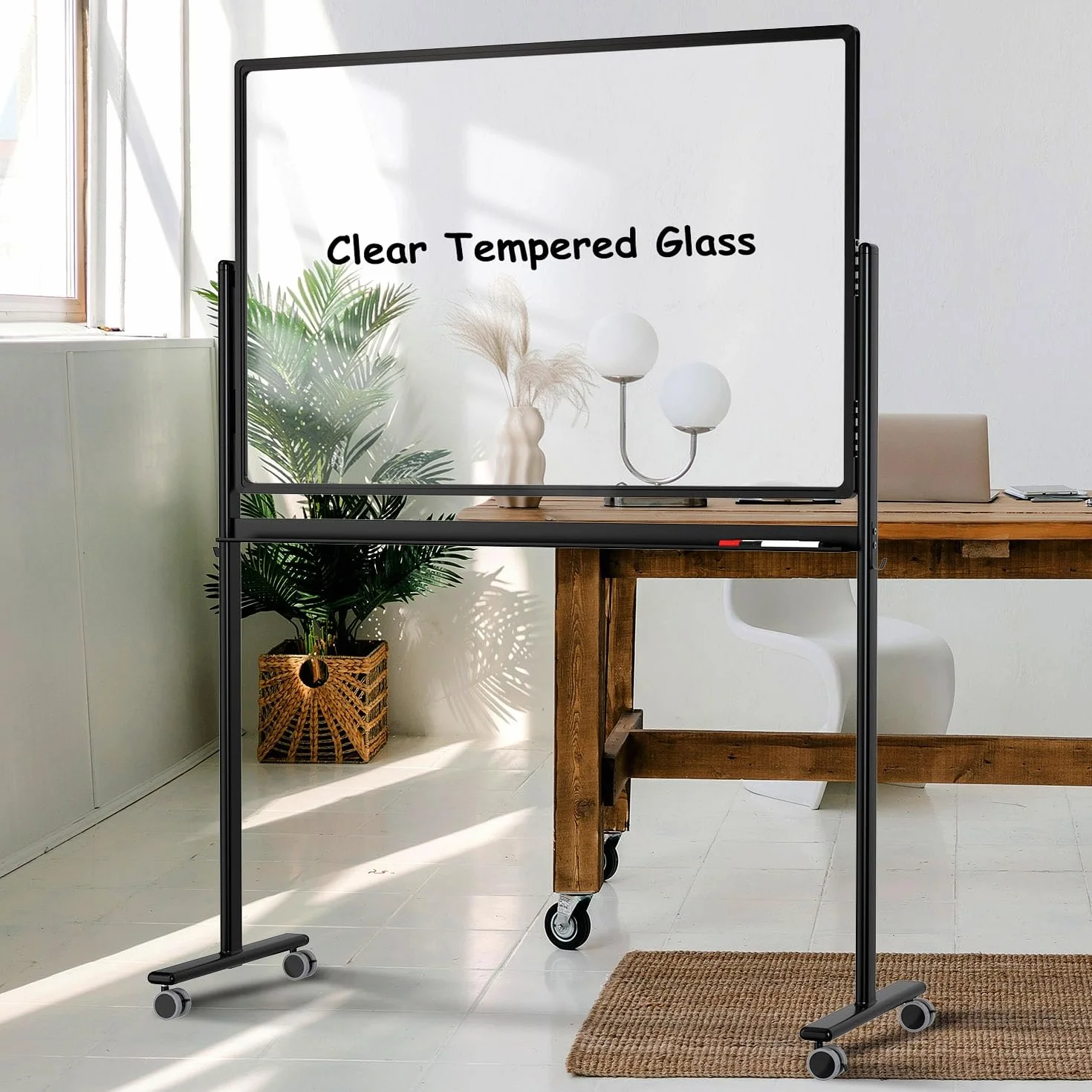 TANKEE - Pizarra blanca móvil de vidrio transparente sobre ruedas, pizarra de borrado en seco de 48 x 32 pulgadas con soporte, pizarra blanca rodante grande con 25 hojas de papel de papel, tablero de