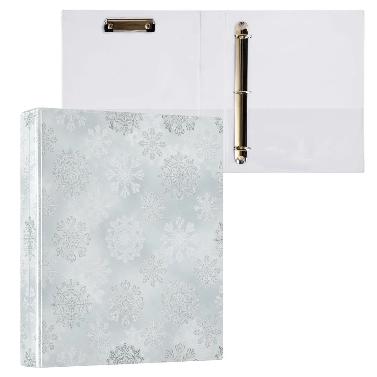 Carpeta de 3 anillos, carpeta de anillos en D de copos de nieve blancos y plateados, paquete de 2 | Con portapapeles y bolsillos, para escuela, universidad, oficina