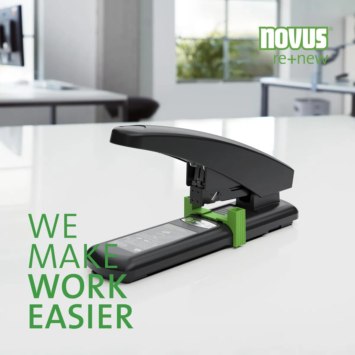 Novus B 40 re+new - Grapadora de bloques sostenible (capacidad de grapado 100 hojas, sistema antibloqueo, parte inferior de plástico y parte superior de metal con revestimiento de plástico 97% de