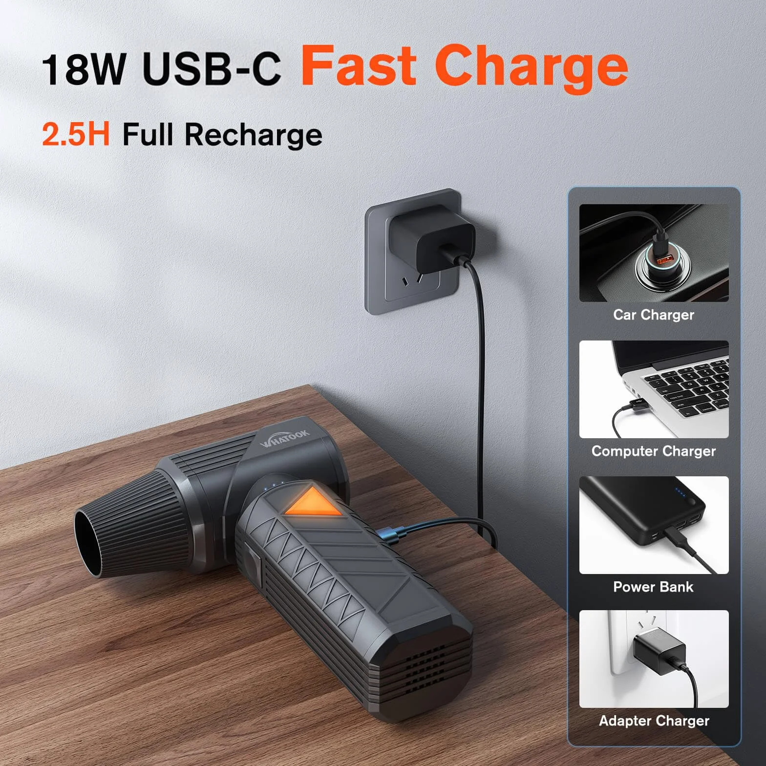 WHATOOK W02 Pro Soplador de Aire Eléctrico con 400.000 RPM, 100 Velocidades Ajustables, Bateria 12000mAh, Aire Comprimido Limpieza PC, Potencia para Limpieza de Auto,Electrónica y Outdoor