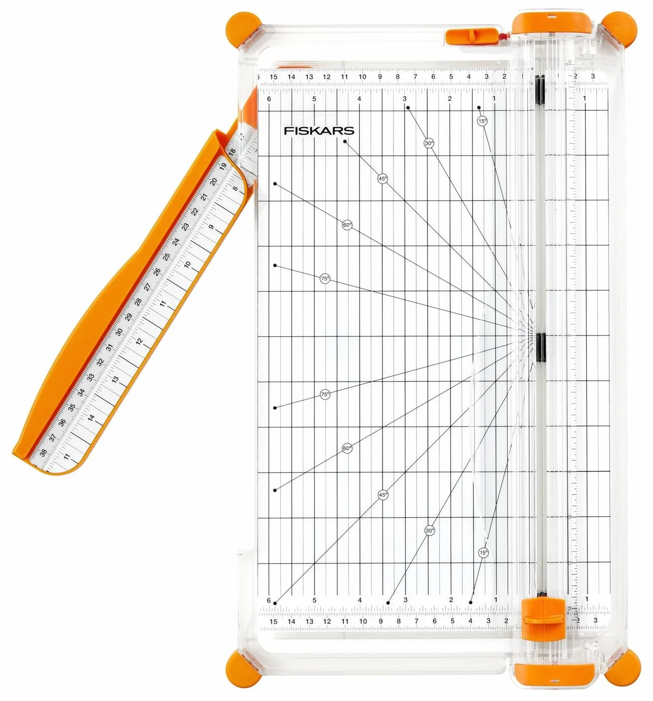 Fiskars SureCut Cortadora de papel, A4, Base ancha, Cortadora de papel con guía de línea de corte, Blanco/Naranja, 1077980.