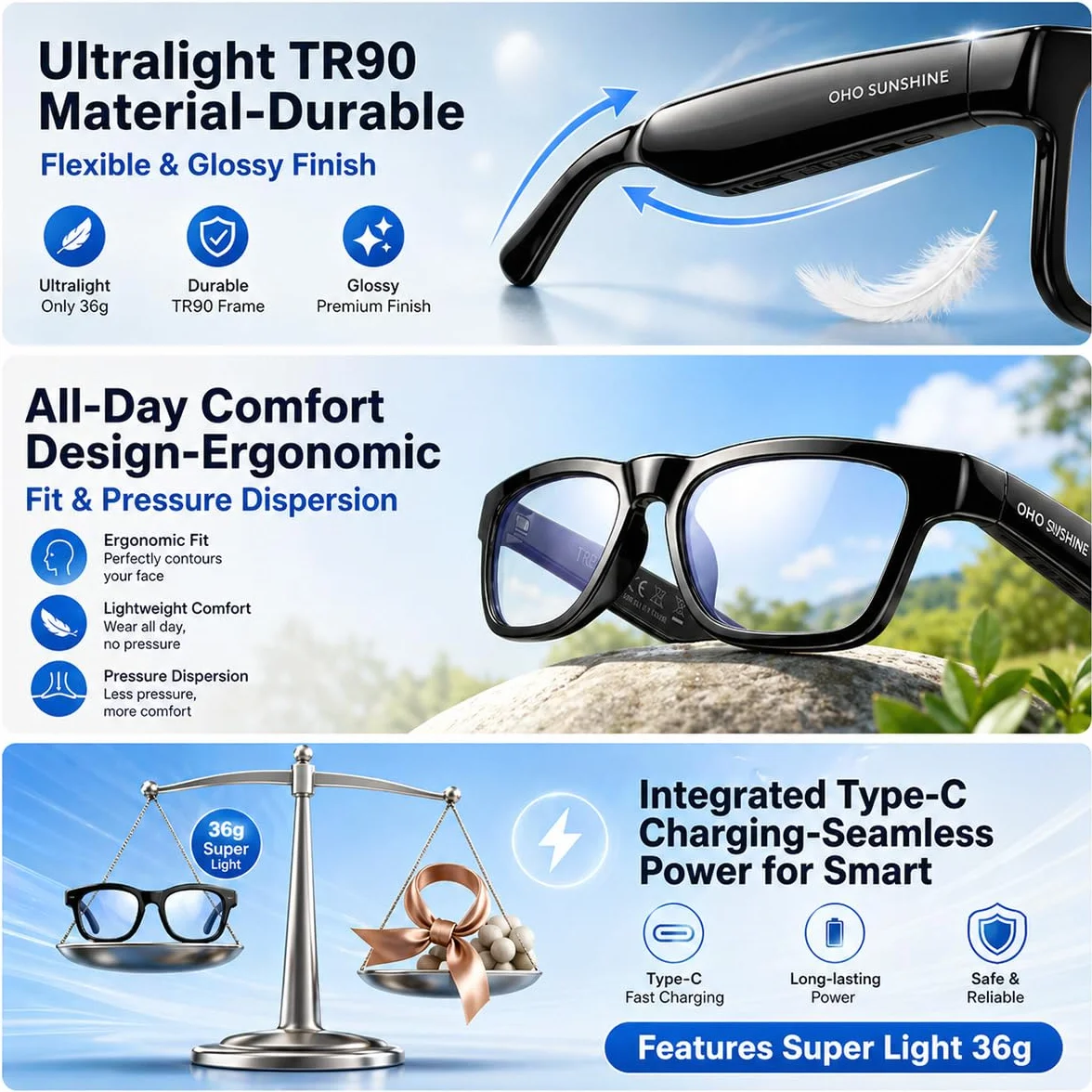 OhO sunshine Gafas inteligentes de traducción de IA con altavoz Bluetooth con marco negro brillante y lente fotocromática para exteriores e interiores