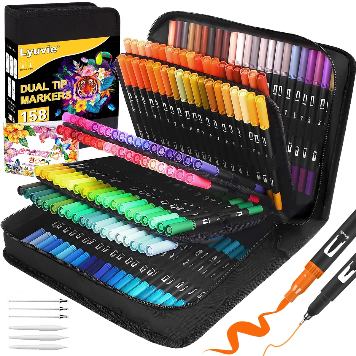 Lyuvie 158 Rotuladores Lettering Kit-Acuarelables Rotuladores Doble Punta Fina & Pincel con Estuche Negro,Lettering Kit para Mandalas Adultos Dibujar Letras Pascua Navidad