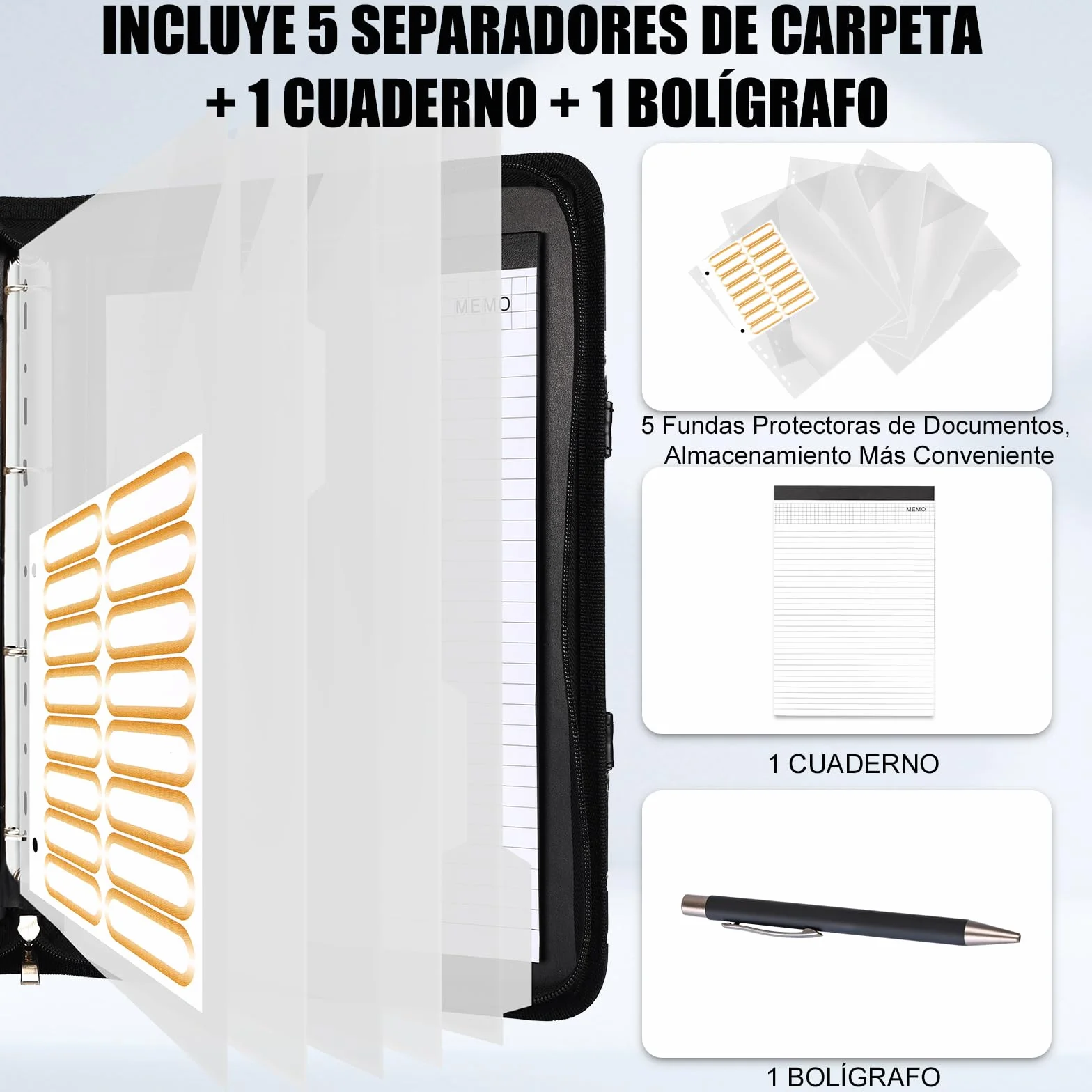 Leathario Carpeta Portadocumentos A4 en Piel Vegana, con Asa, Cuaderno, Portadocumentos con Bloc de Notas y Encuadernación de Anillas, Protectores de Hojas para Entrevistas, Viajes, Reuniones
