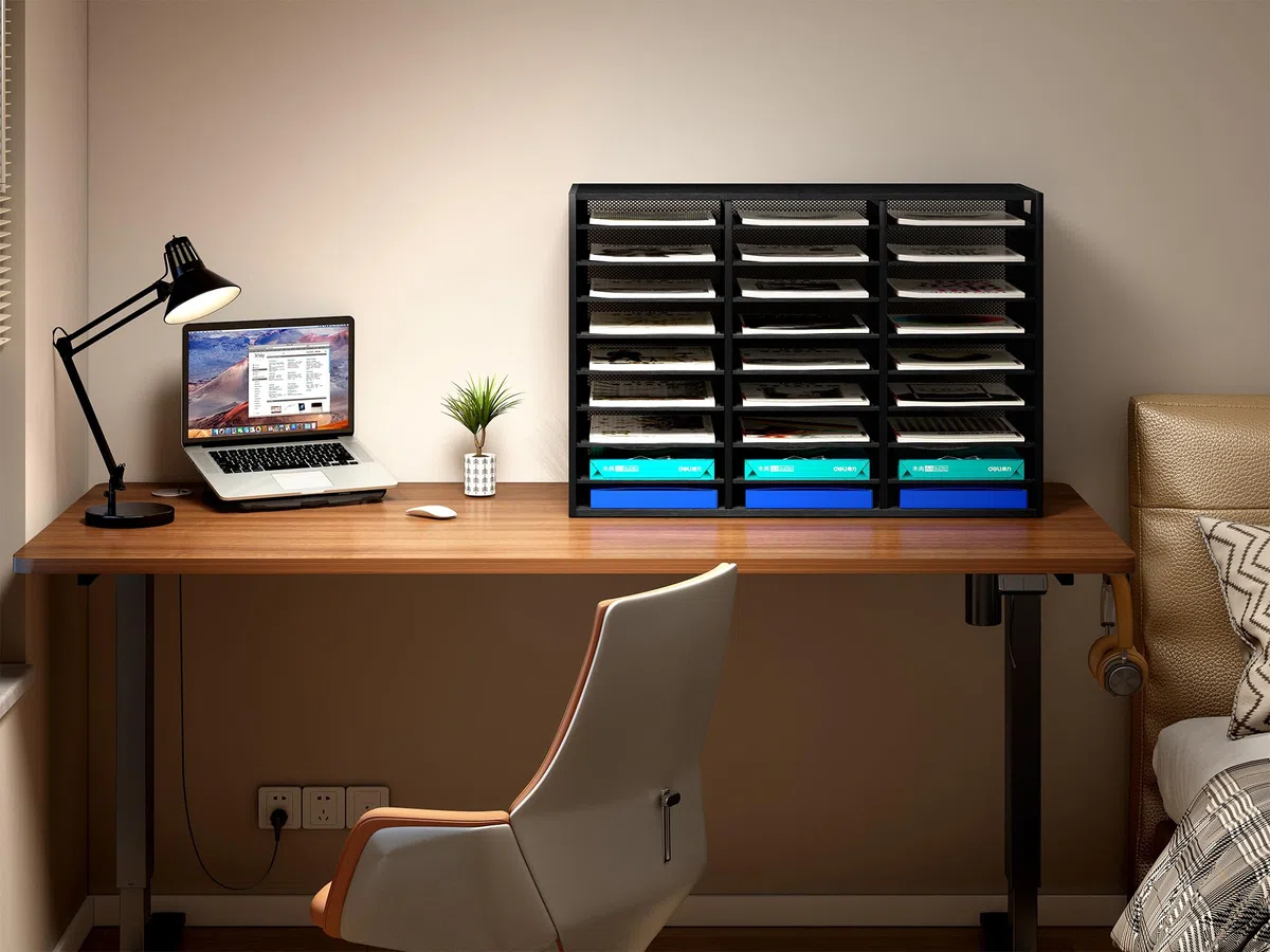 EasyPAG 27 Compartimentos Metal Madera A4 Bandeja Archivador Organizador Revistero Clasificador Carta Soporte Papeles Almacenamiento Escritorio Estante Documentos,Negro