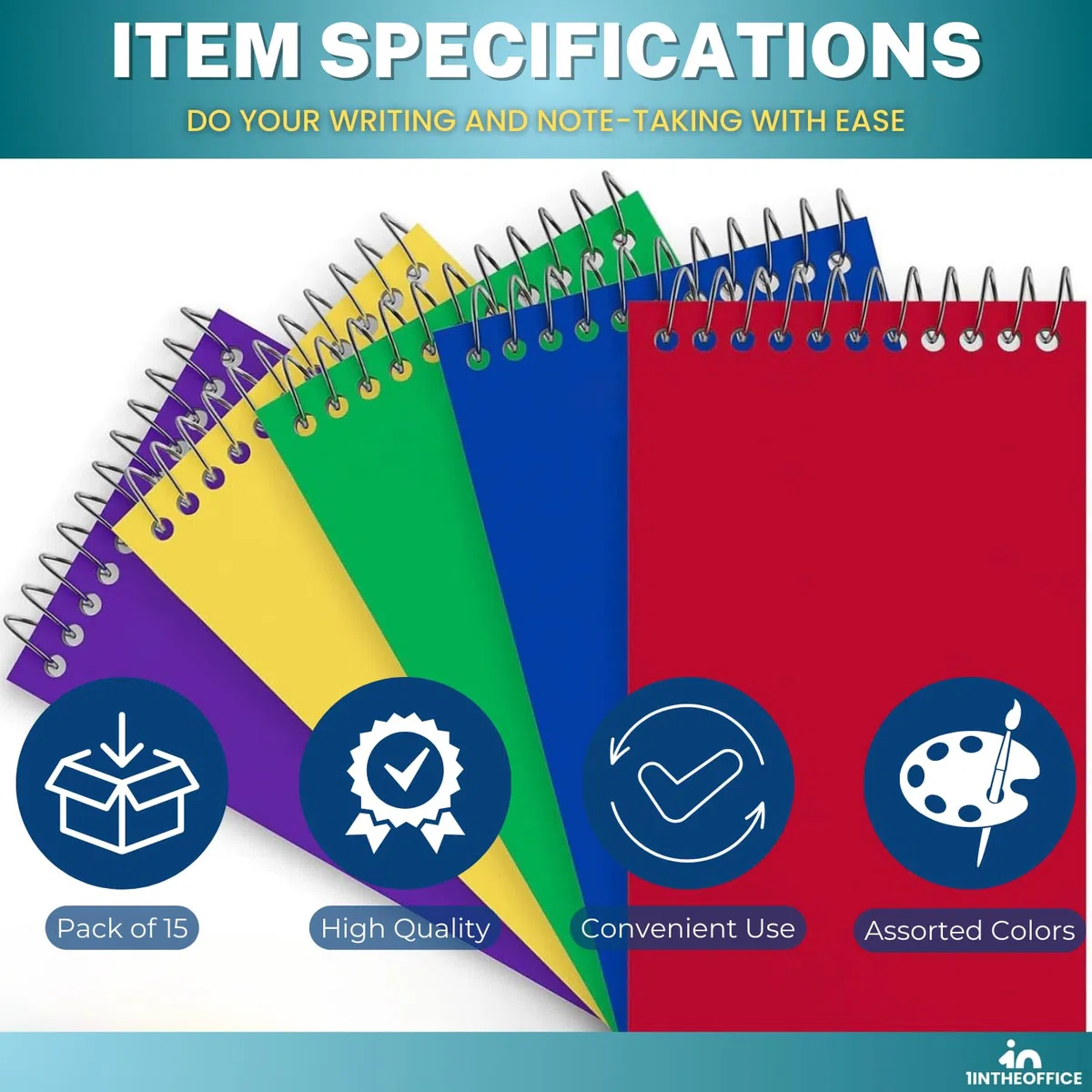 1InTheOffice Libros de notas en espiral, Cuadernos, Libretas pequeñas, 7,6 x 12,7 cm, a rayas, 75 hojasbloc, 15 blocs por paquete (5)