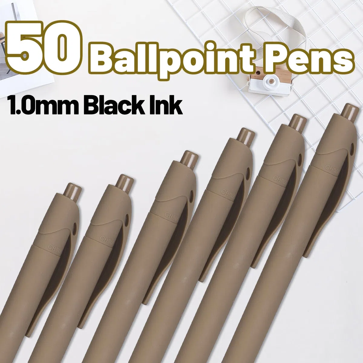 Bolígrafos, paquete de 50 bolígrafos (tinta negra), bolígrafos a granel, barril de café marrón, bolígrafos de clic para oficina, hogar y escuela, bolígrafos retráctiles, punta media, 1.00 mm