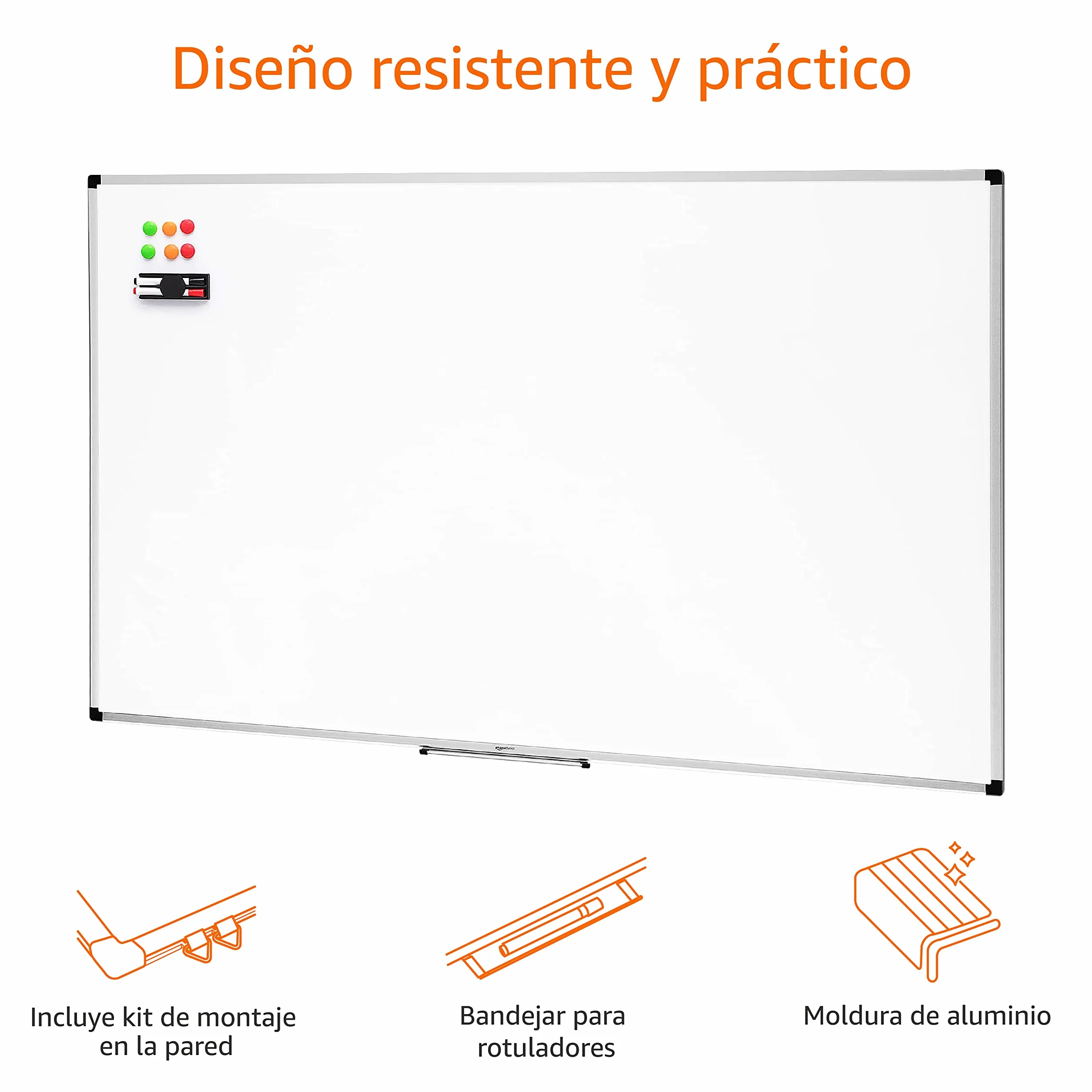 Amazon Basics Pizarra Blanca Magnética 90 x 60cm Marco Aluminio Bandeja Rotuladores Borrador Imanes