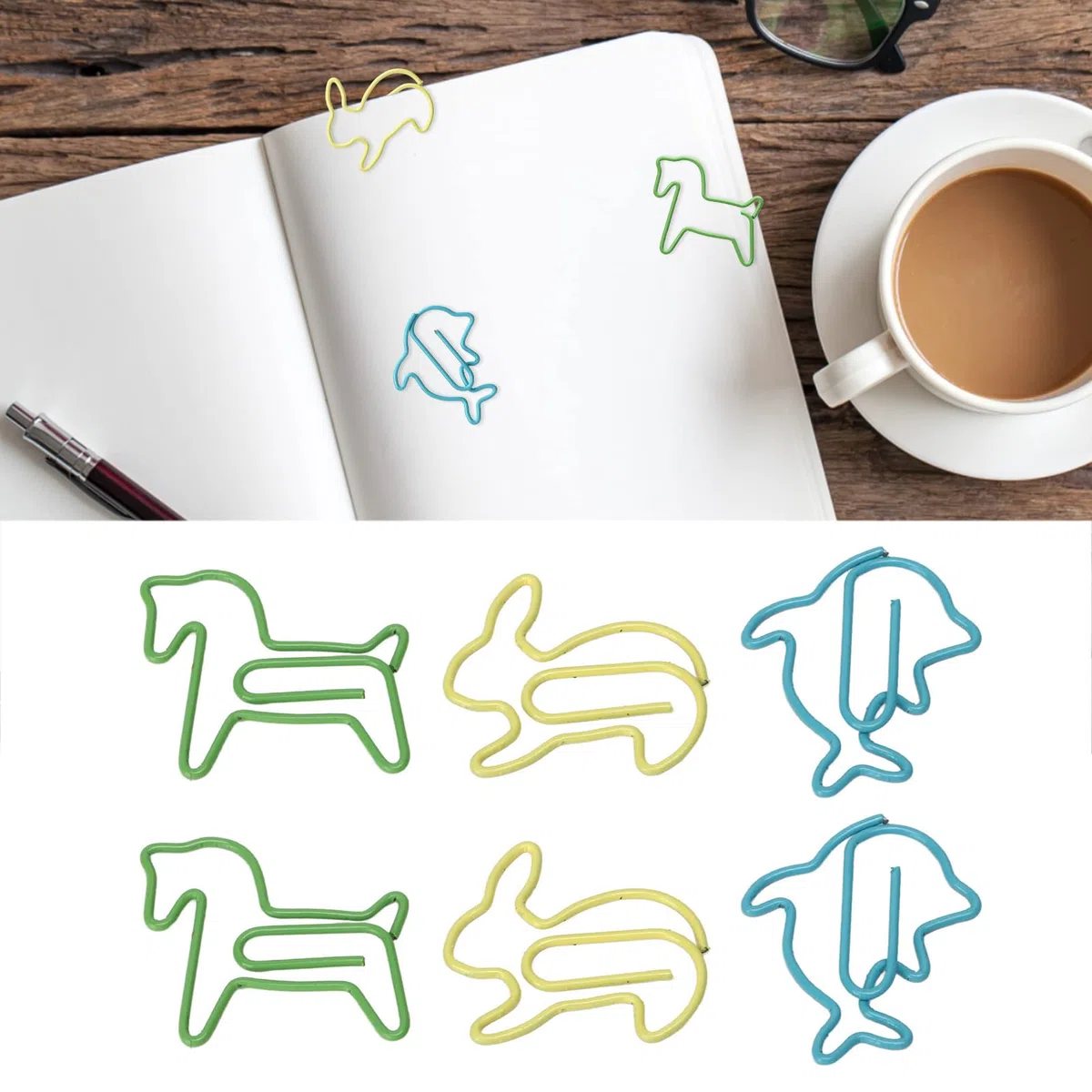 Generic 32 Clips de Papel en Caja, 3 Colores con Forma Linda y Galvanoplastia Antioxidante, Combo de Delfín, Conejo Pony, Pequeños Clips de Metal para Papeleo, Oficina, Escuela