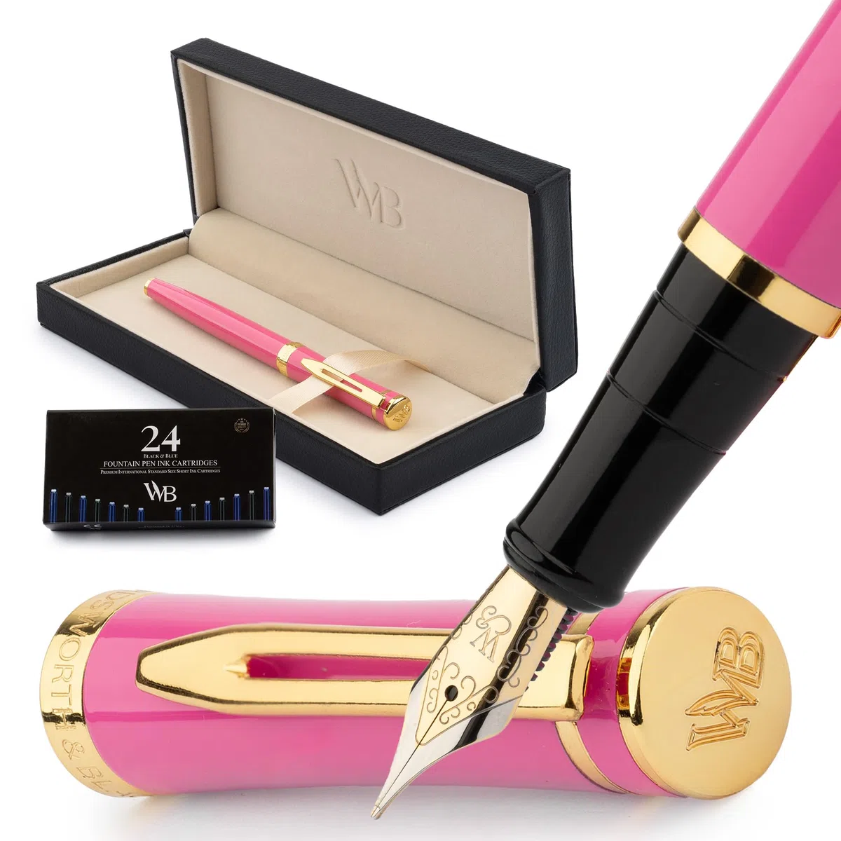 Wordsworth & Black Juego de pluma estilográfica, punta media, incluye 24 cartuchos de tinta y convertidor de recarga de tinta, estuche de regalo, diario, caligrafía, bolígrafos de escritura suave
