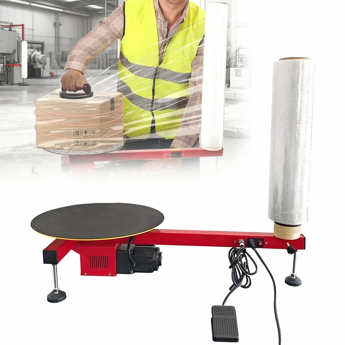 Empacadora con Dispensador de Film Estirable, Plato Giratorio 40 cm, Compatible con Film 70 cm No-Stretch-Film 220V