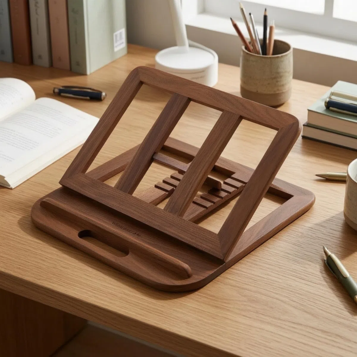 Soporte Portátil para Portátil Elevador Base Atril Soporte Ajustable de Madera de Pino con Ángulos Regulables y Bandeja Asa Ranurada Adecuado para, Soporte De Nogal 28x28x1.8cm