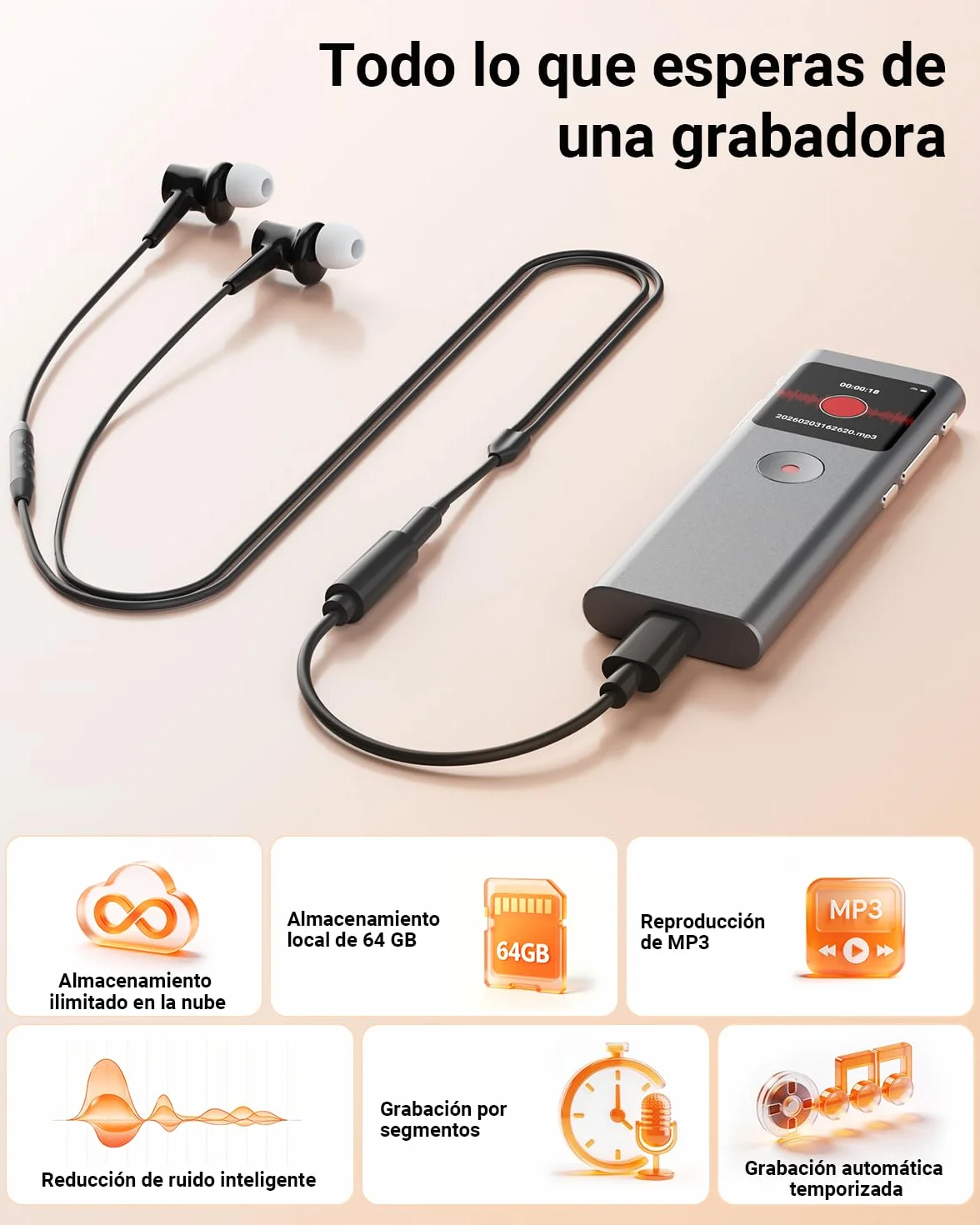 Grabadora de Voz IA 64 GB con Transcribe y Resume, Activada por Voz, Control de App, Reducción de Ruido Automática