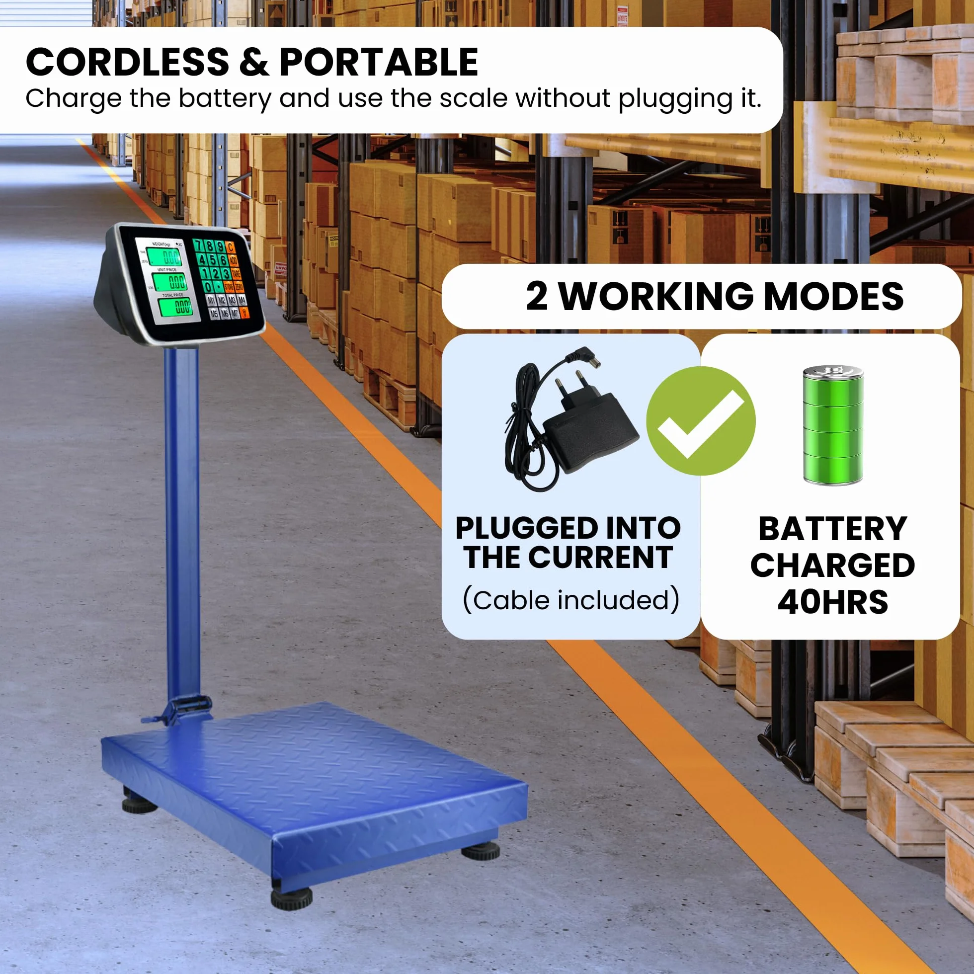 Báscula Industrial de Plataforma 300 kg. Balanza Digital Plegable con Pantalla LCD. Plataforma de Acero. Báscula Profesional Multifuncional, Perfecta para Paquetería, Almacenes, Comercios.