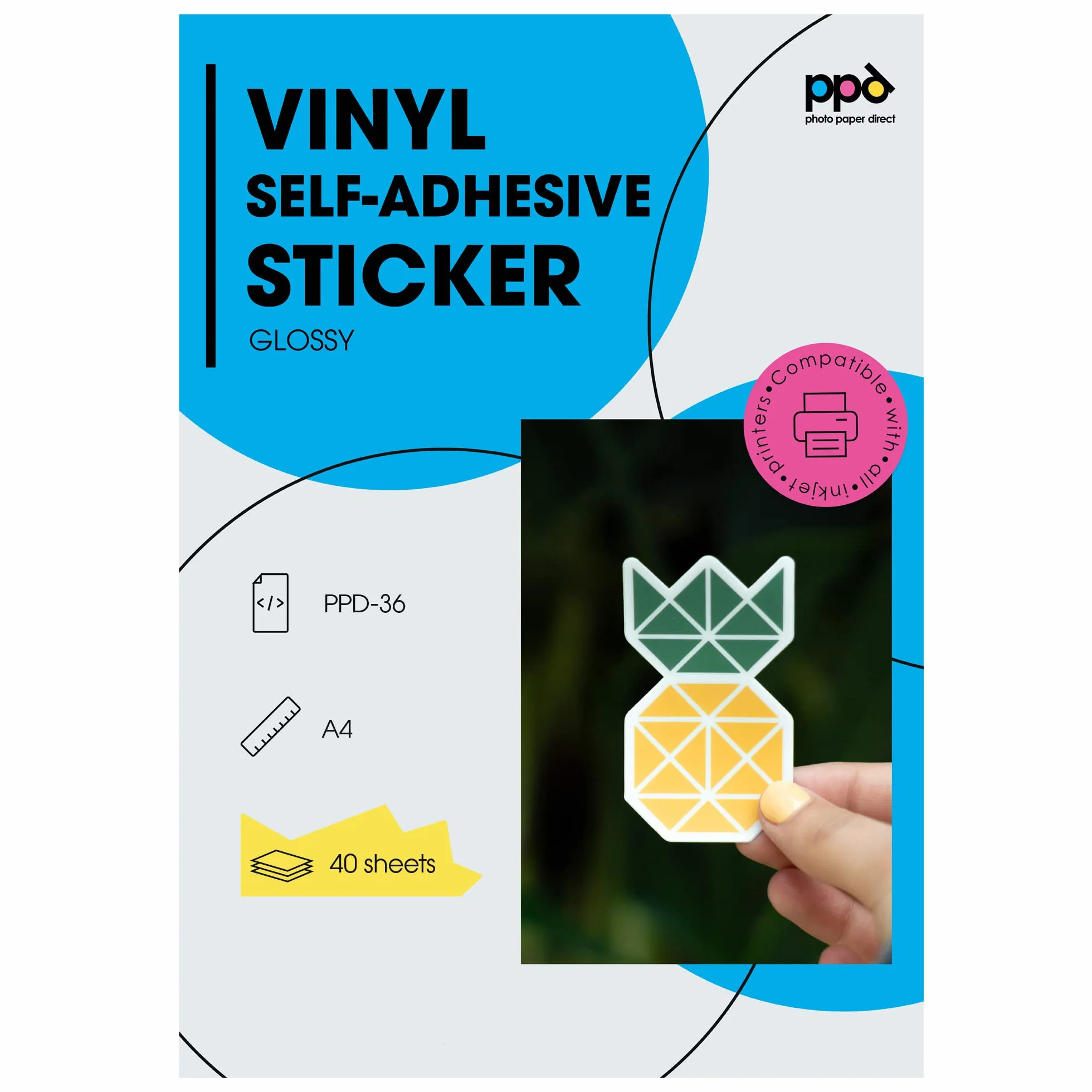PPD Inkjet - A4 x 40 Pegatinas de Vinilo Autoadhesivo Brillante Imprimible de Grado Comercial - Calidad Fotográfica y A Prueba de Desgarro - Para Impresora de Inyección de Tinta - PPD-36-40